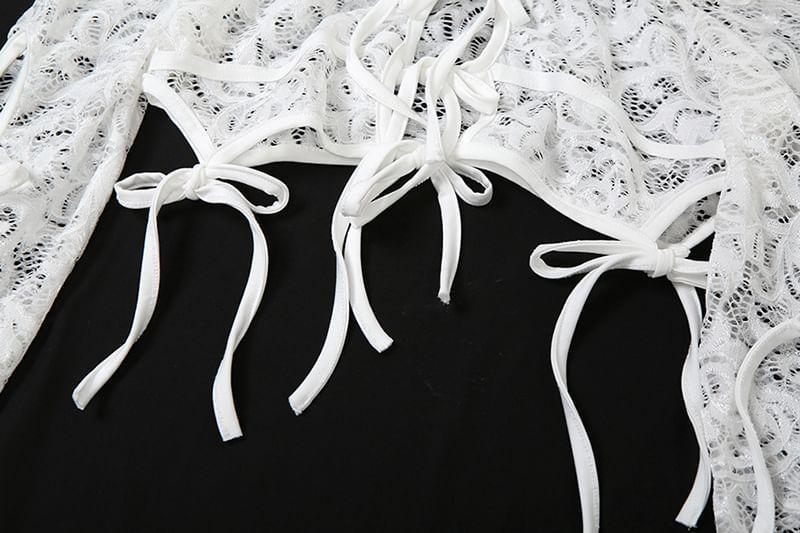 Set: Long Sleeve Square Neck Plain Cutout Tie-Up Lace Crop Top + Mid Rise Shorts Product Image