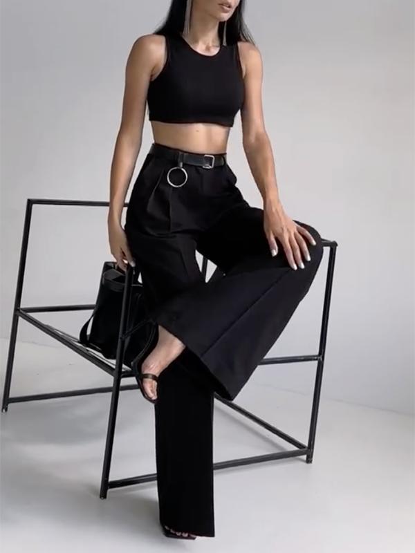 High Waisted Loose Pleated Solid Color Split-Joint Suit Pants Trousers Product Image