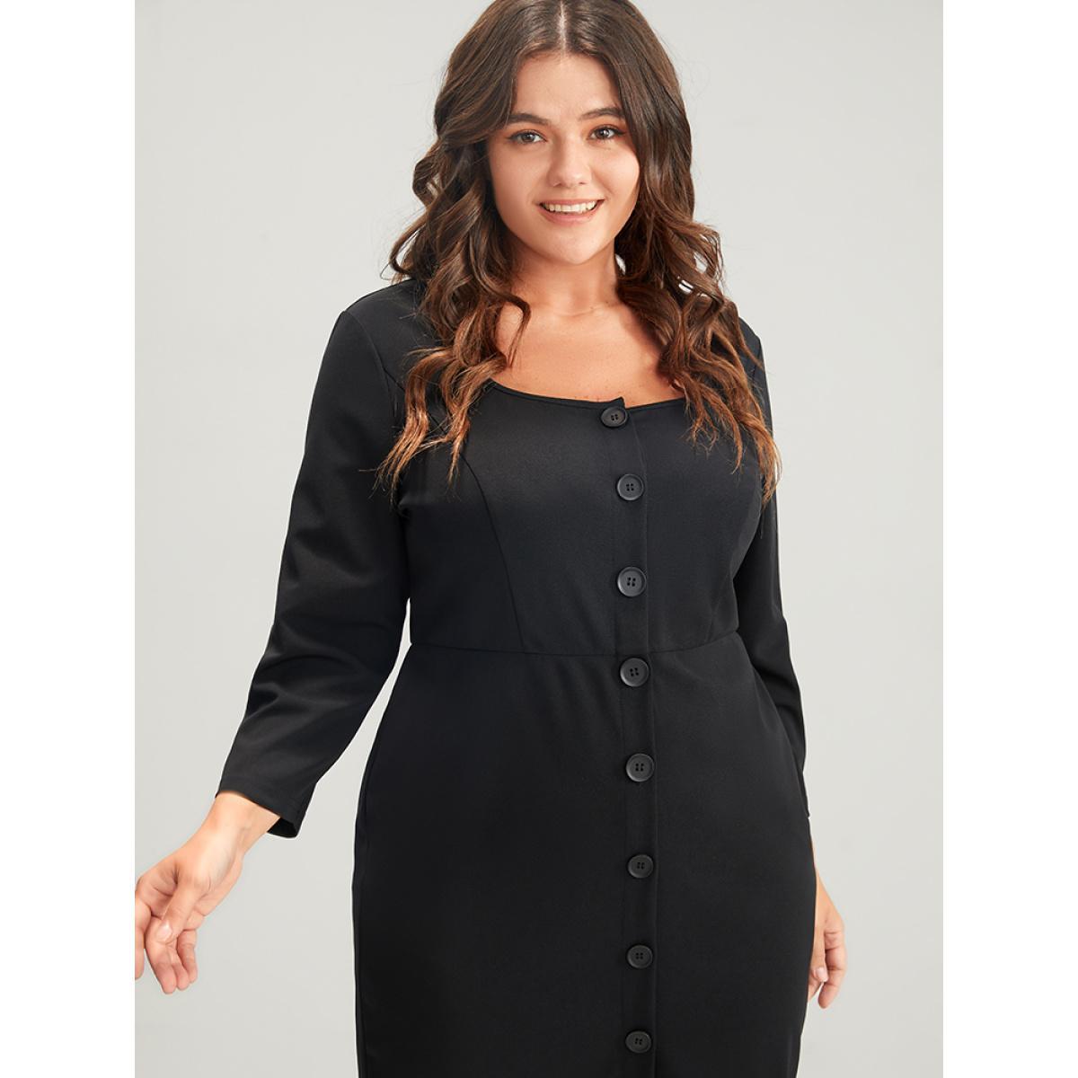 Plus Size Solid Square Neck Button Up Bodycon Midi Dress Black Women Office Button Square Neck Elbow-length sleeve Curvy Midi Dress BloomChic 18-20/2X Product Image