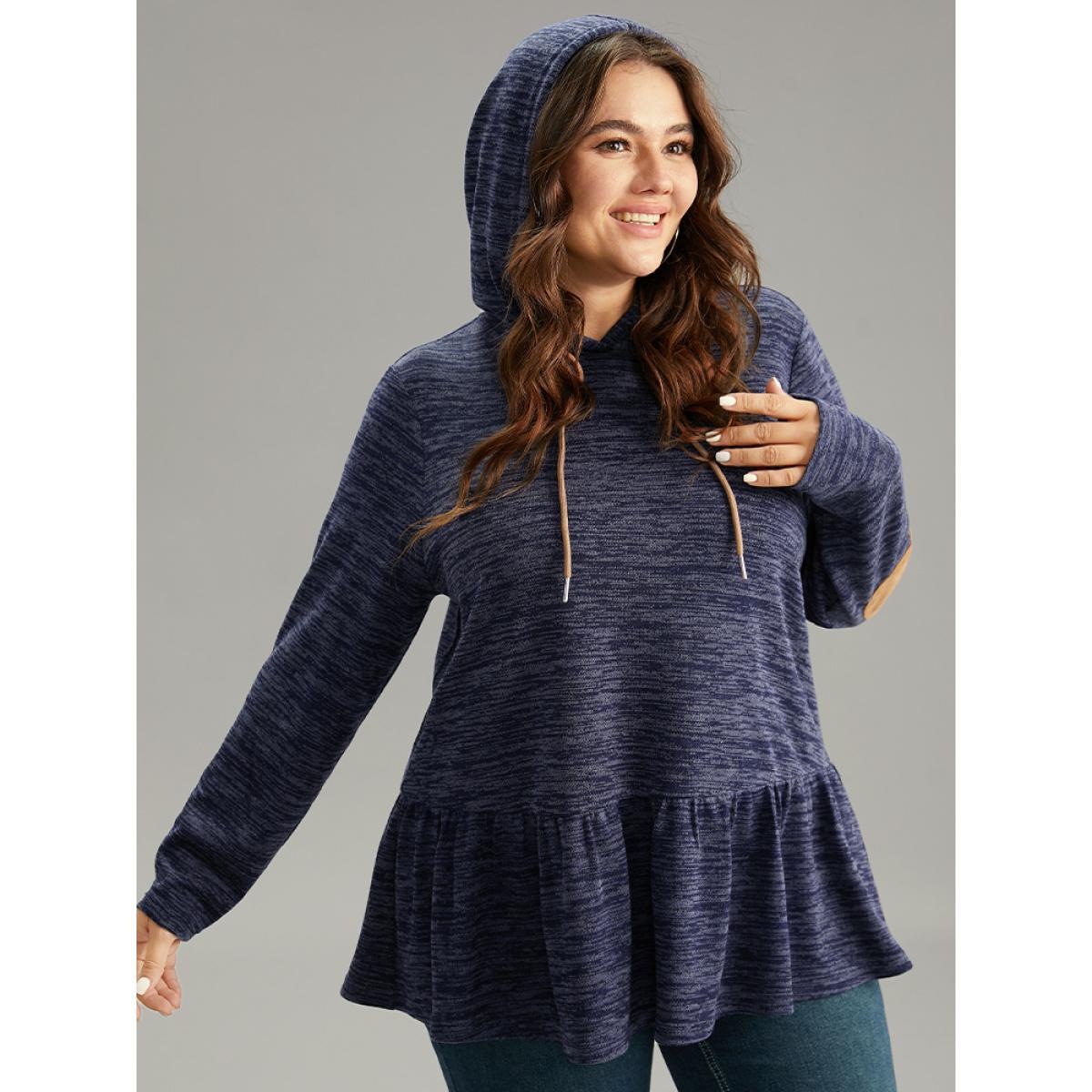 Plus Size Solid Heather Hooded Flutter Hem Gathered Sweatshirt Women DarkBlue Casual Contrast Hooded Dailywear Sweatshirts BloomChic 18-20/2X Product Image