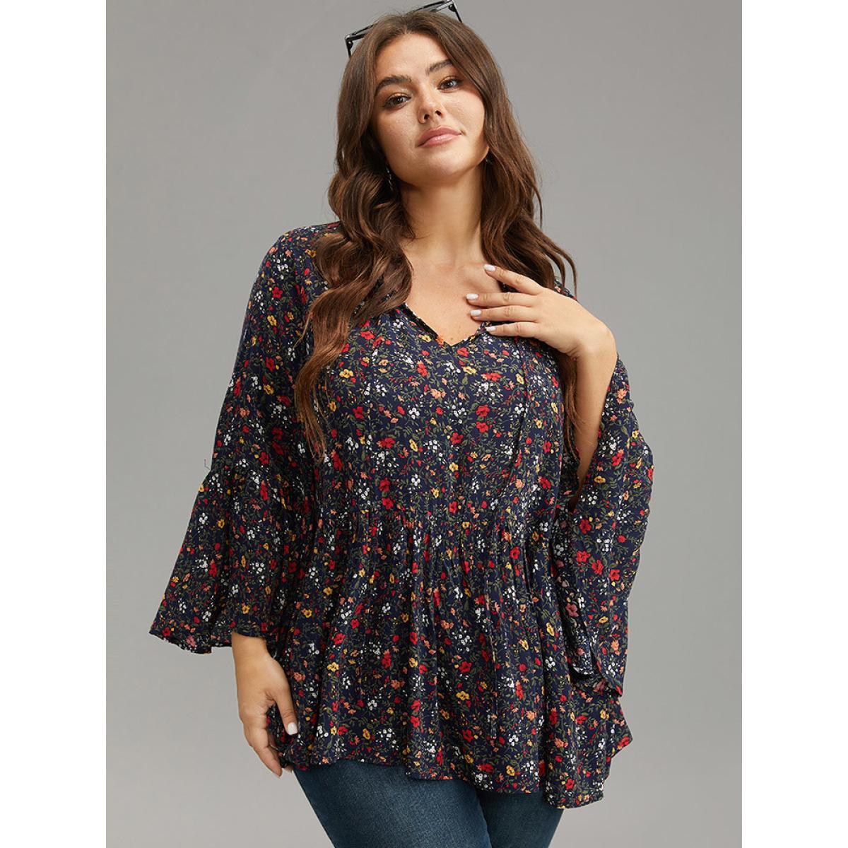 Plus Size Indigo Floral Tie Neck Frill Trim Bell Sleeve Blouse Women Elegant Long Sleeve Tie Neck Dailywear Blouses BloomChic 14-16/1X Product Image