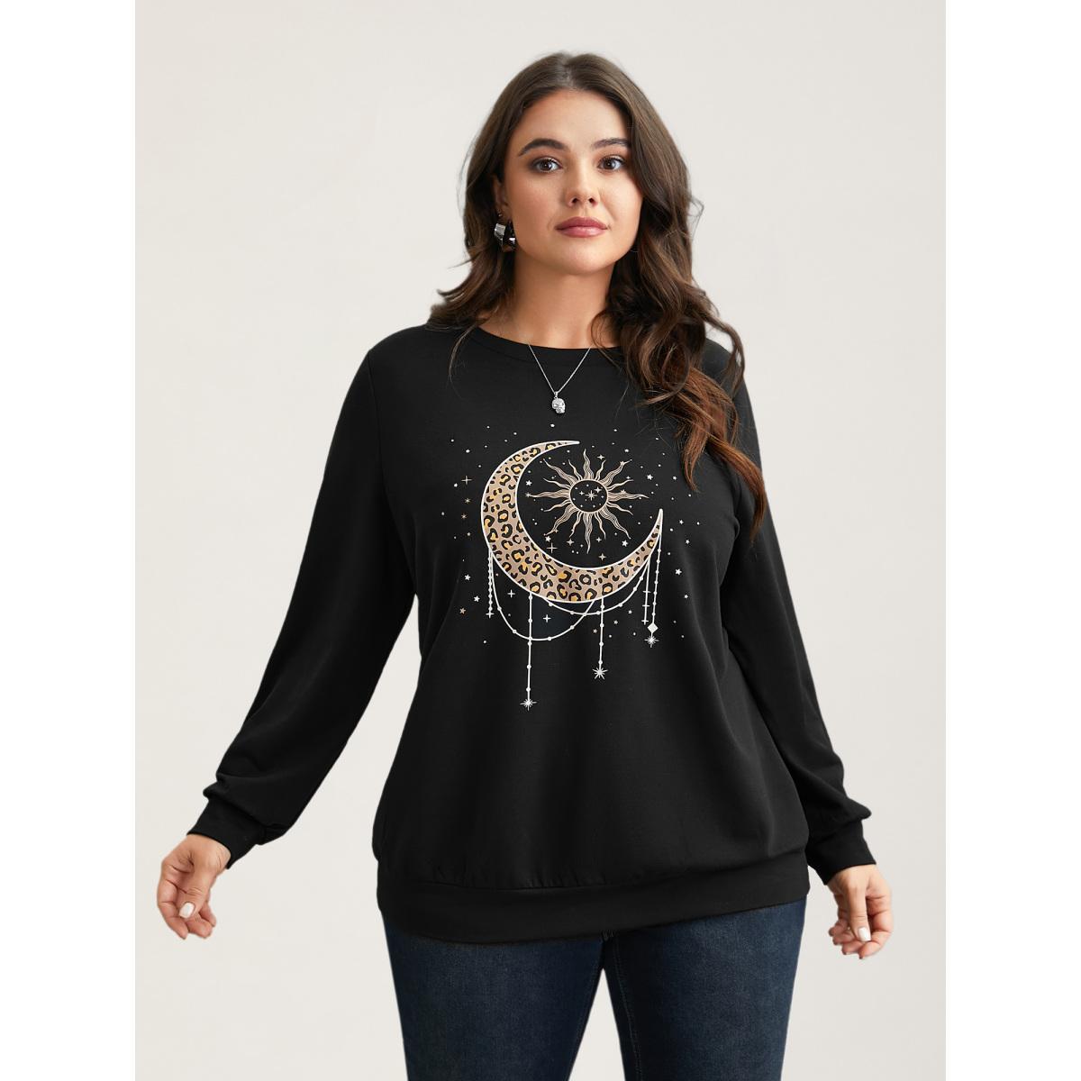 Plus Size Crew Neck Celestial Print Stretch Sweatshirt Women Black Casual Non Round Neck Everyday Sweatshirts BloomChic 22-24/3X Product Image