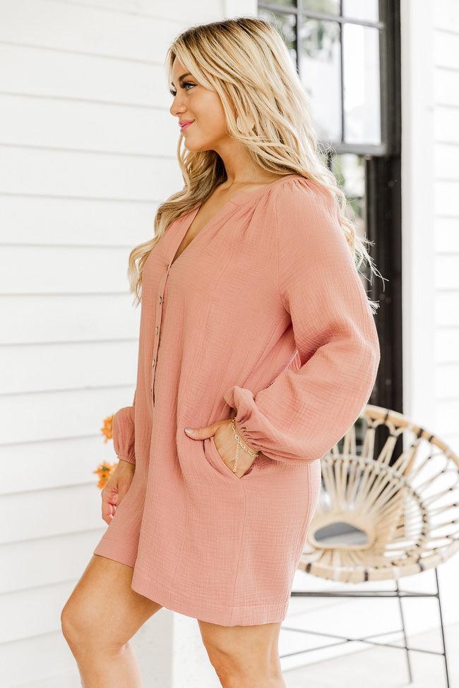 Love Your Destiny Terracotta Long Sleeve Button Up Romper FINAL SALE Product Image