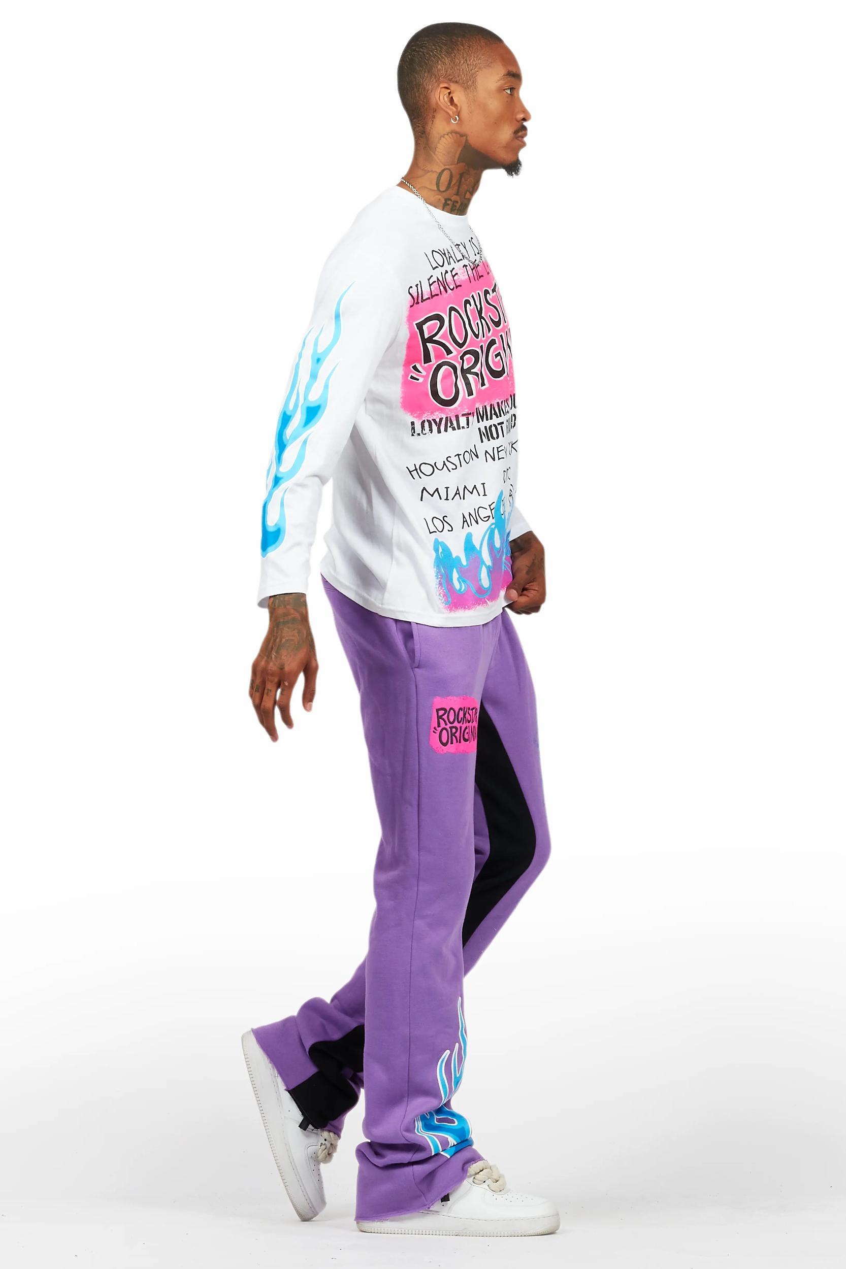 Beno Purple/White Long Sleeve T-Shirt/Baggy Pant Set Male Product Image