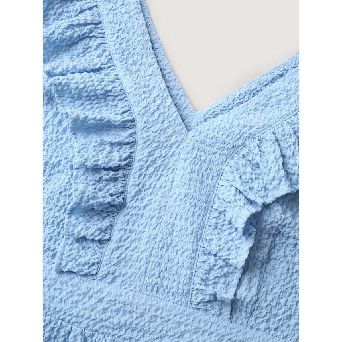 Plus Size Ruffled Neck Textured Sleeveless Midi Dress LightBlue Women V-neck Cap Sleeve Curvy BloomChic 22-24/3X Product Image