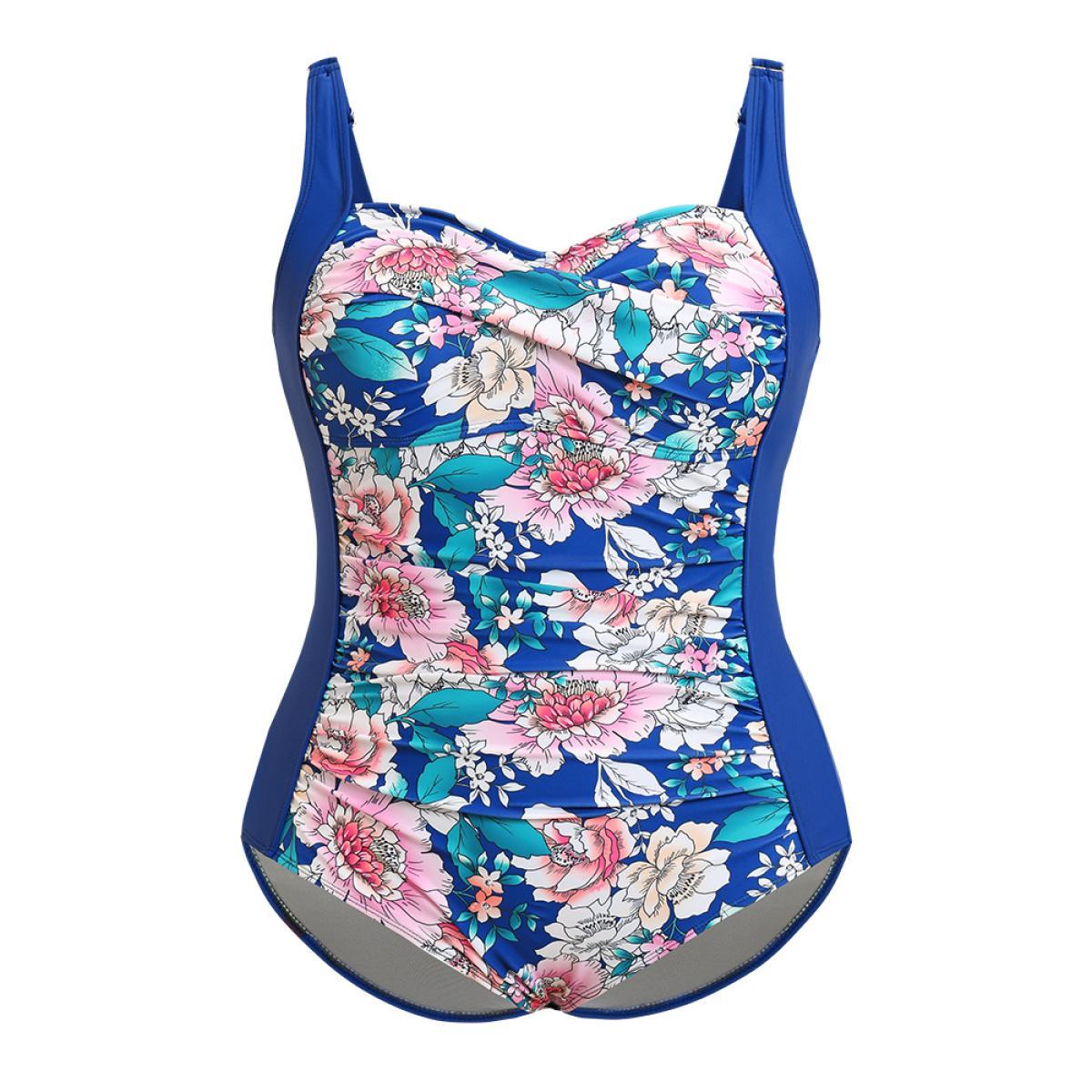 Plus Size Floral Ruched Crossover Front Sculpt Waist One Piece Swimsuit Women's Swimwear Indigo Vacation Adjustable Straps Curve Bathing Suits High stretch One Pieces BloomChic 30/6X Product Image