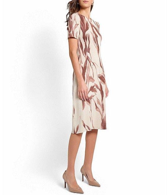 MISOOK Botanical Jacquard Soft Knit Round Neck Short Sleeve A-Line Midi Dress Product Image