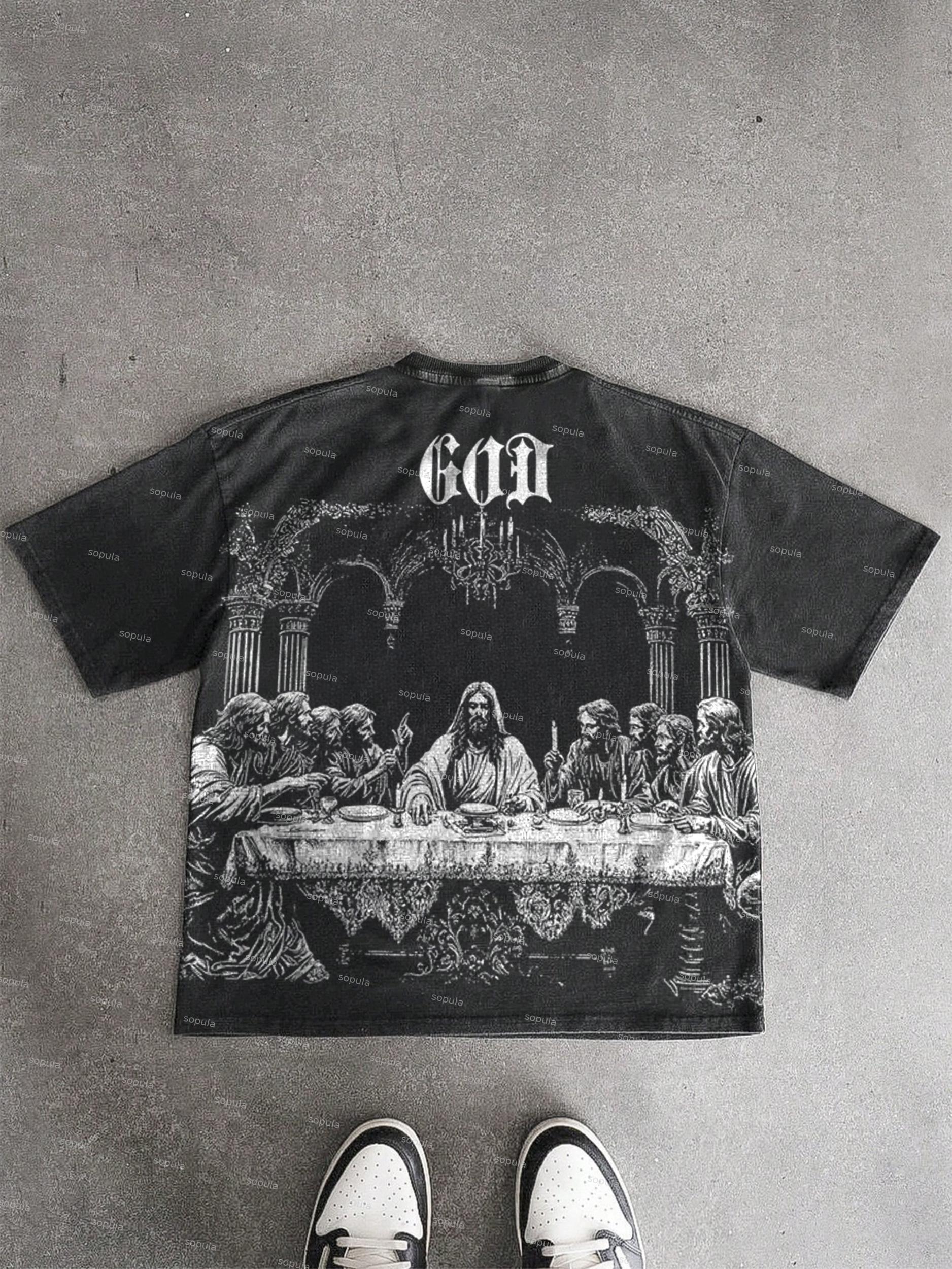 God's Supper Print Acid Wash T-shirt Product Image