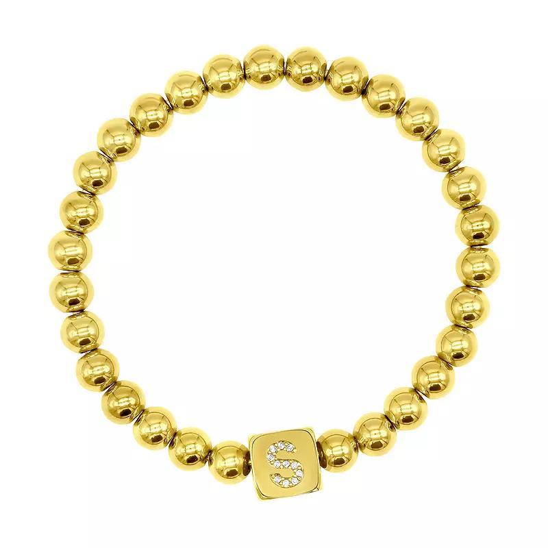 Adornia Gold Tone Initial Cubic Zirconia Cube & Bead Stretch Bracelet, Womens Product Image