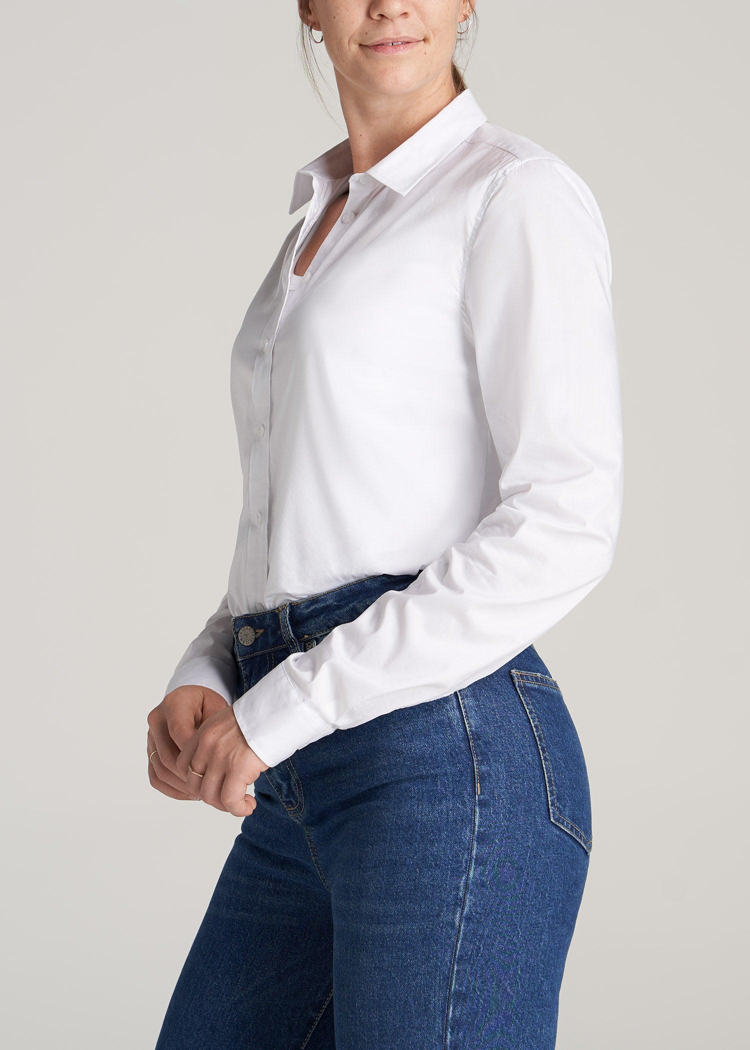 Button-Up Dress Shirt for Tall Women in White Product Image