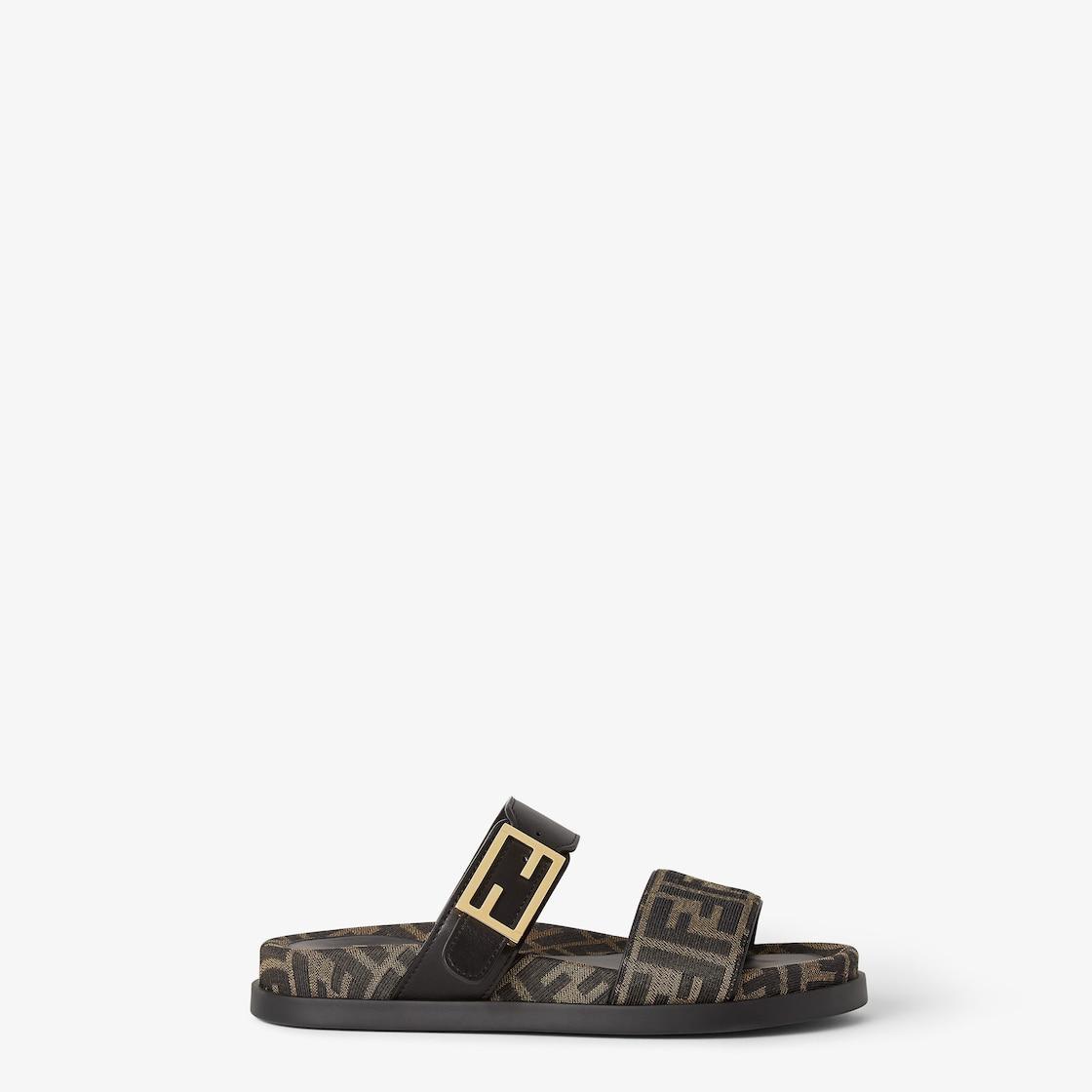 Fendi FeelBlack leather and brown FF fabric slides Product Image