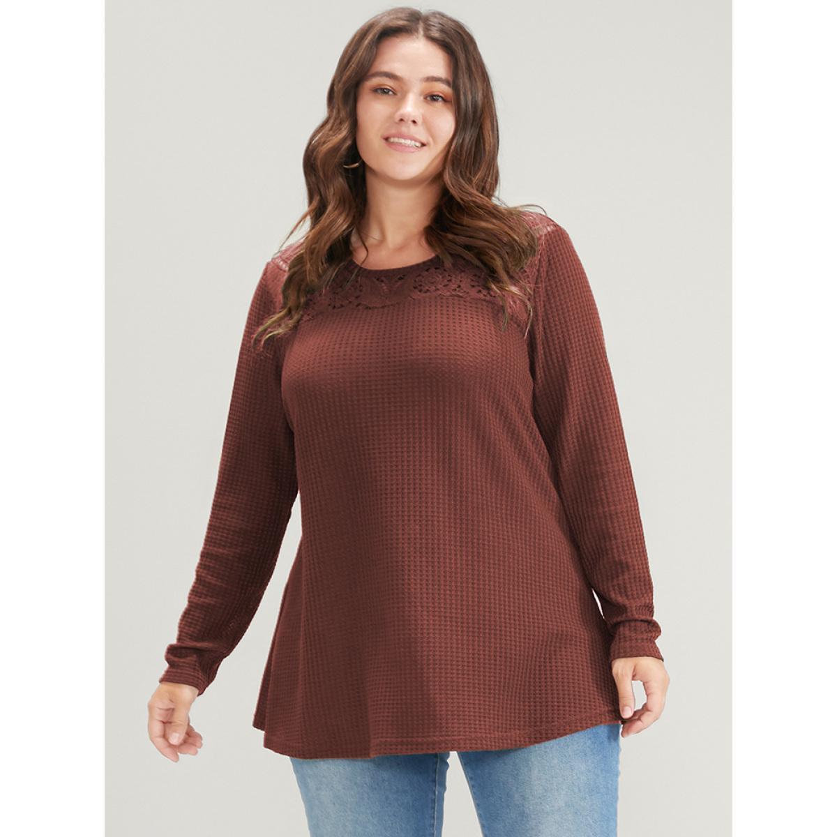Plus Size Solid Crochet Lace Waffle Knit Sweatshirt Women Rust Elegant Patchwork Round Neck Dailywear Sweatshirts BloomChic 28/5X Product Image