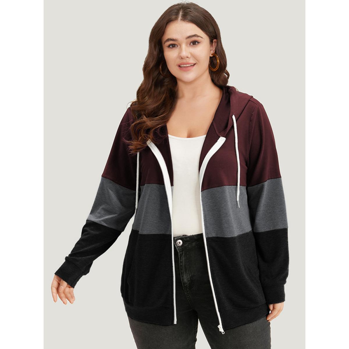 Plus Size Colorblock Contrast Drawstring Zipper Hooded Sweatshirt Women Burgundy Casual Contrast Hooded Everyday Sweatshirts BloomChic 10/M Product Image