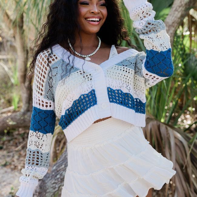 I'm On Board Blue Crochet Striped Cardigan FINAL SALE Product Image