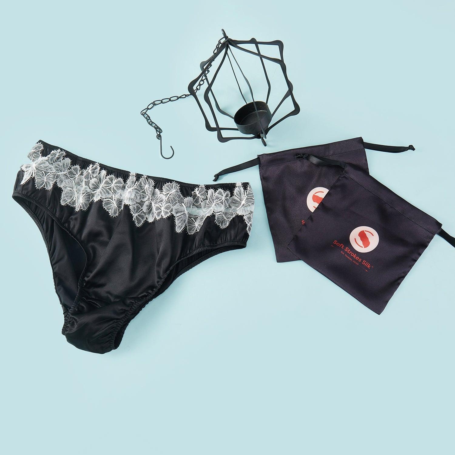 Butterfly Effect | Custom Pure Pure Silk Bikini Pantie | Mid Waist | Black and White Lace on Mulberry Silk | Brush Collection Product Image