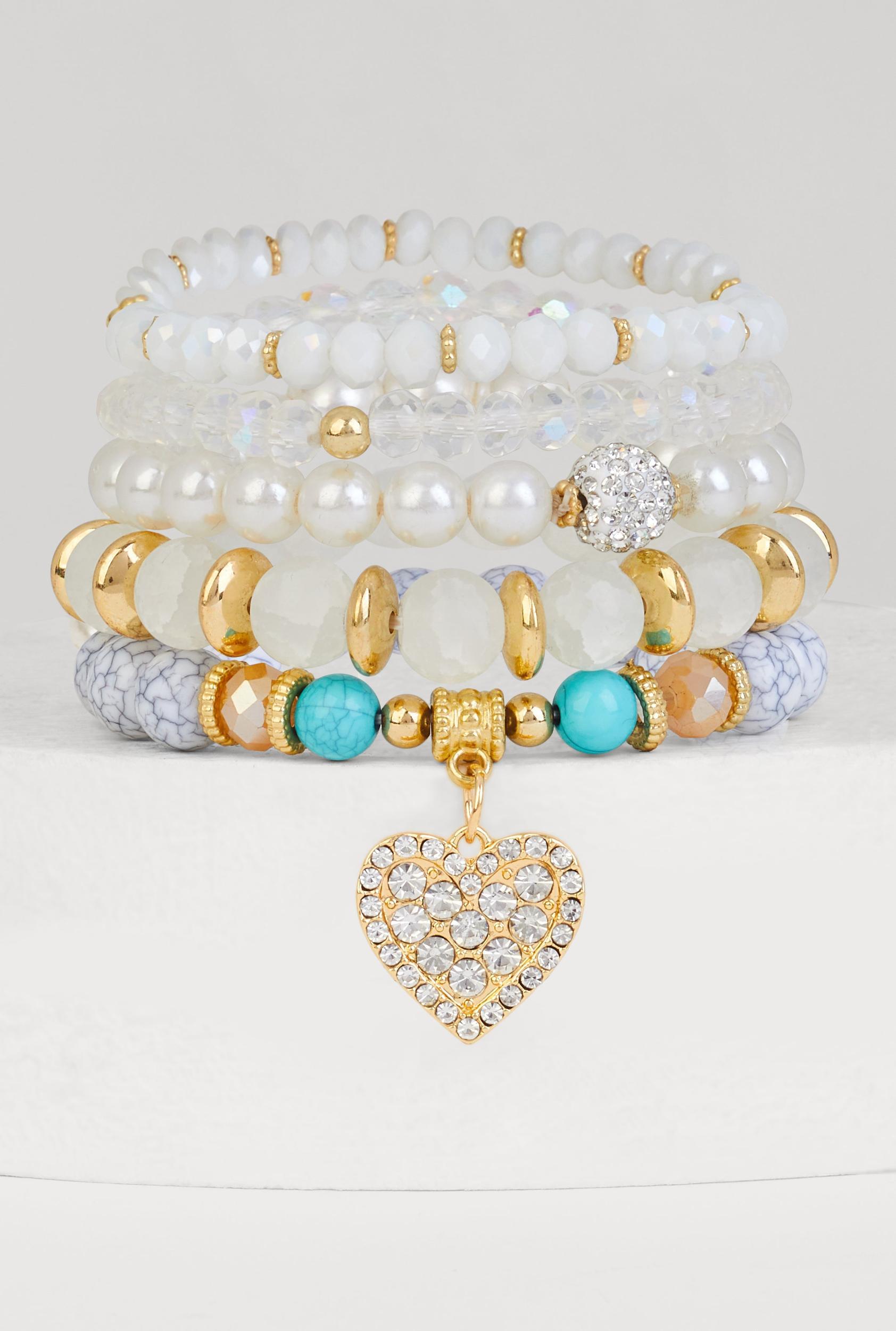 Rhinestone Heart Charm Beaded Stretch Bracelets Set of 5 Unisex Product Image