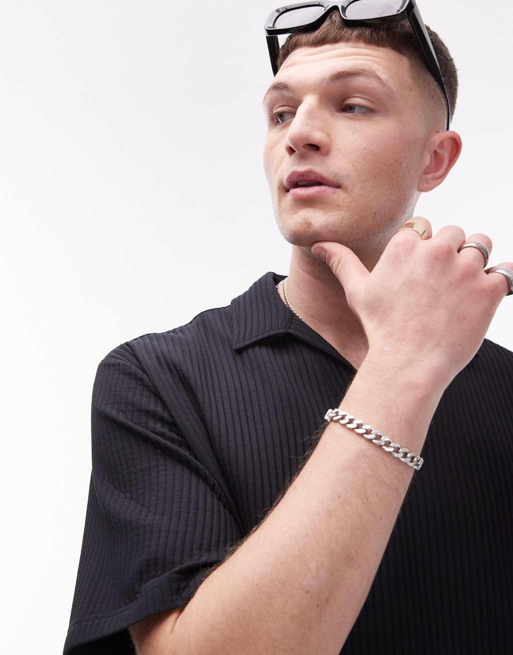 Topman short sleeve plisse polo shirt in black Product Image