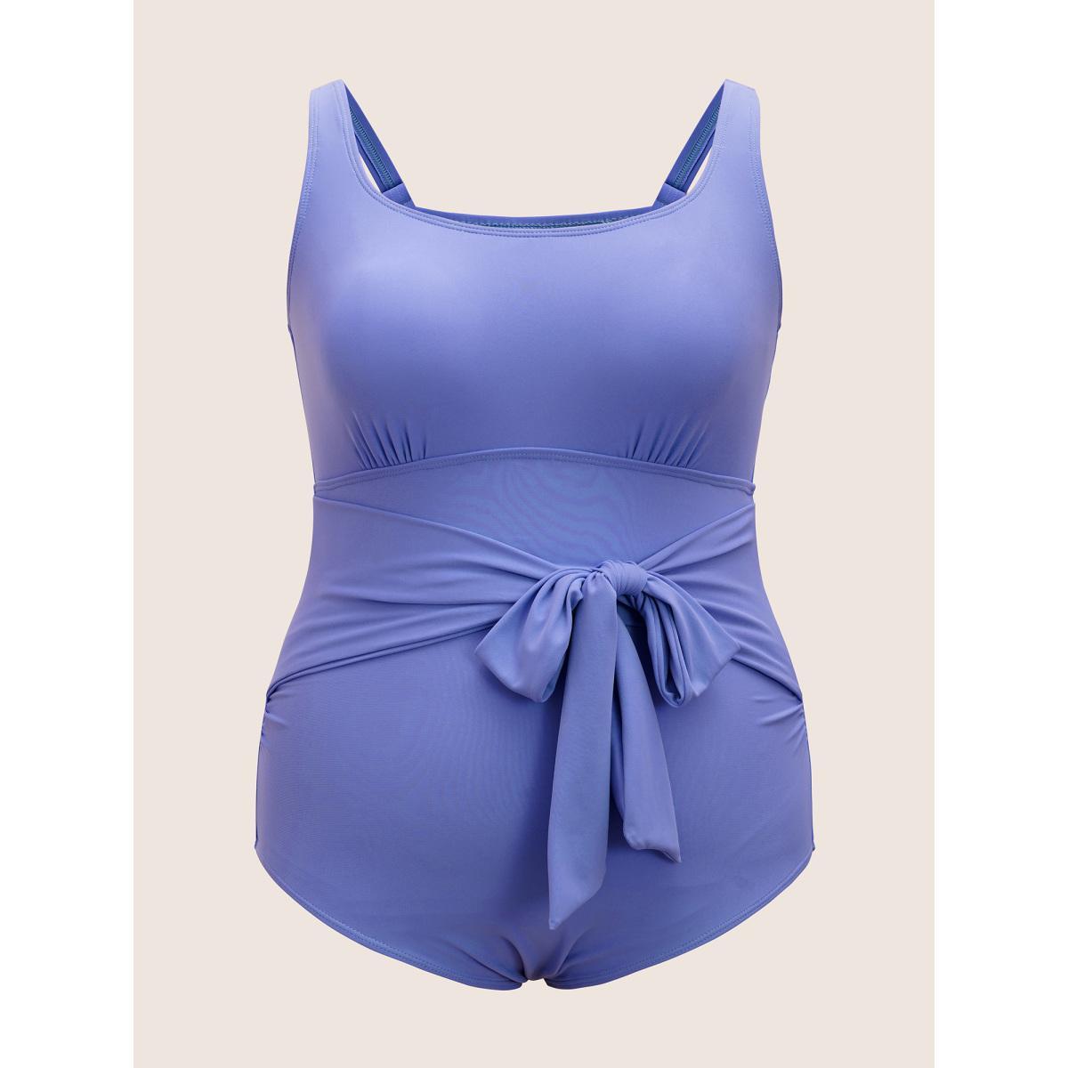 Plus Size Square Neck Tie Knot Gathered One Piece Swimsuit Women's Swimwear Bluepurple Beach Tie knot Curve Bathing Suits High stretch One Pieces BloomChic 18-20/2X Product Image