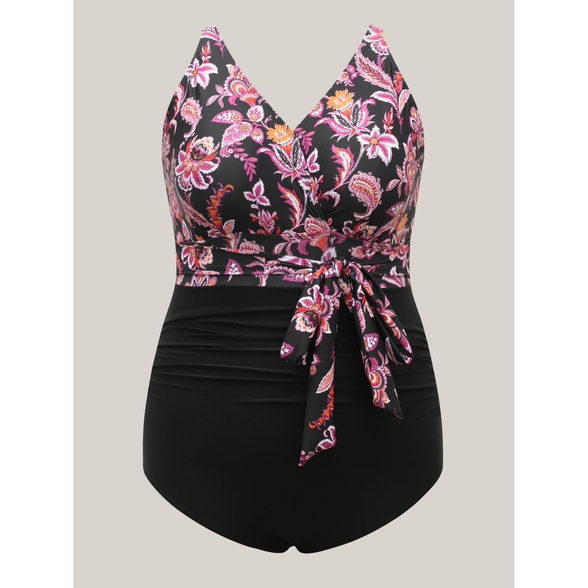 Plus Size Floral Print Front-Knot One-Piece Swimsuit Women's Swimwear Black Beach Tie knot Curve Bathing Suits High stretch One Pieces BloomChic 18-20/2X Product Image