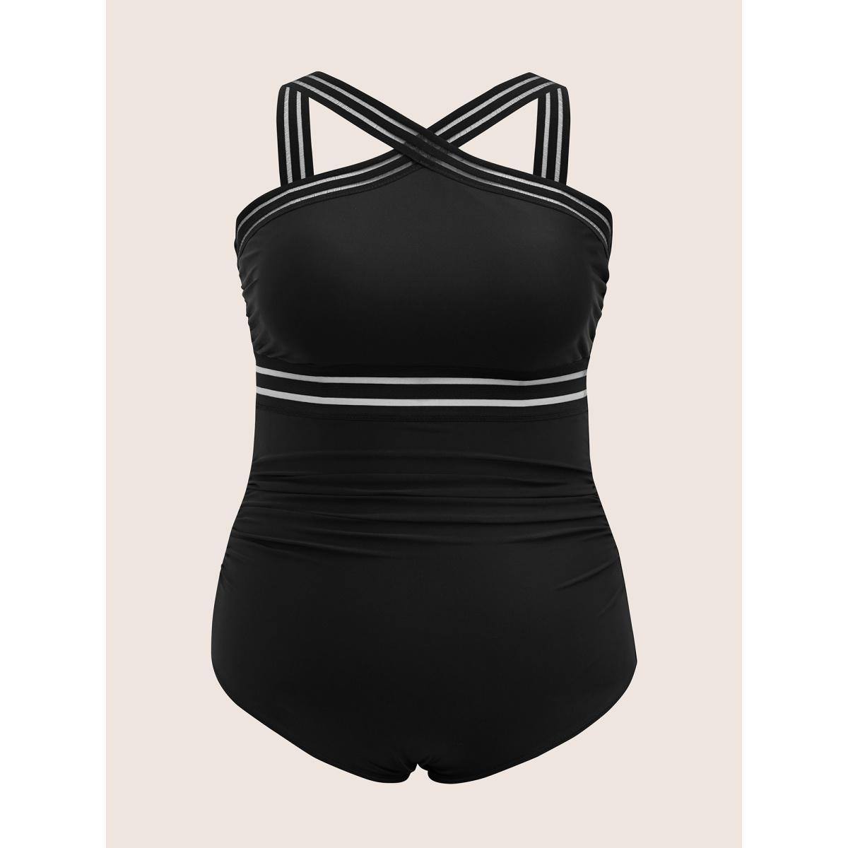 Plus Size Overlap Collar Patchwork Mesh Gathered One Piece Swimsuit Women's Swimwear Black Beach Woven ribbon&lace trim Curve Bathing Suits High stretch One Pieces BloomChic 30/6X Product Image