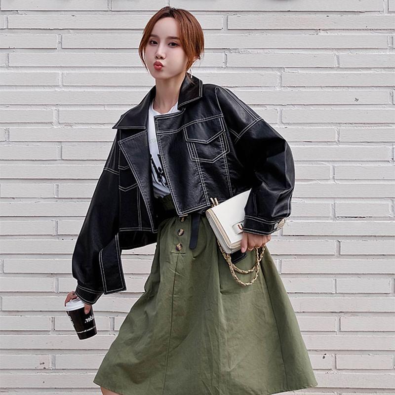 Long Sleeve Lapel Neckline Stitching Crop Leather Jacket Product Image