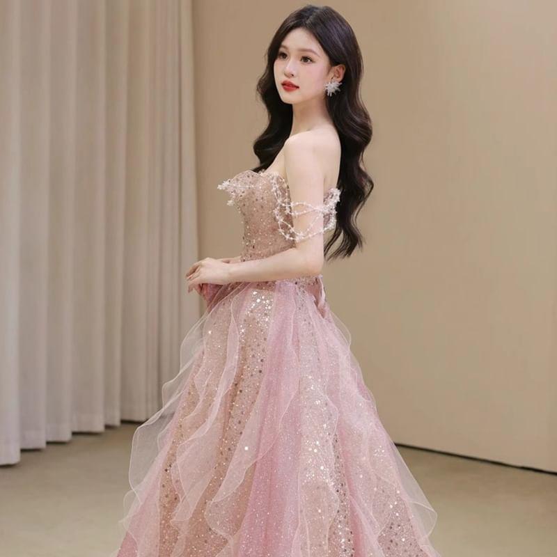 Sequin Bow Ruffle Mesh A-Line Tube Evening Gown Product Image
