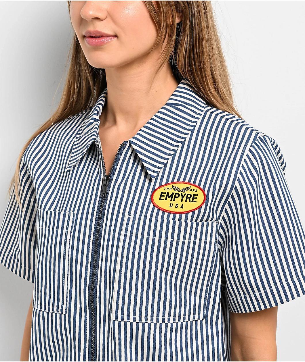 Empyre Buffy Blue & White Stripe Crop Work Shirt Product Image