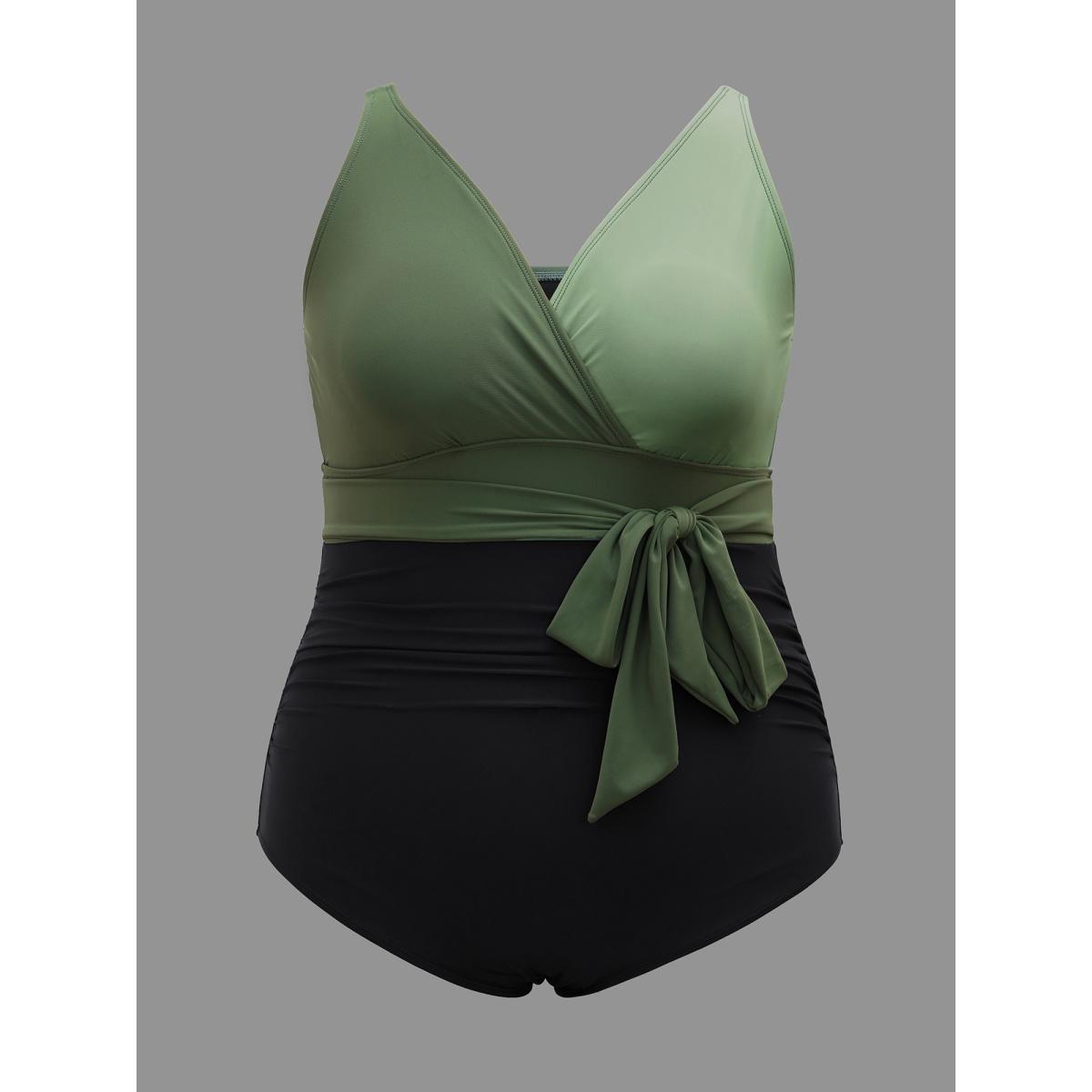 Plus Size Color Block Waist-Tie One-Piece Swimsuit Women's Swimwear ArmyGreen Beach Gathered Curve Bathing Suits High stretch One Pieces BloomChic 14-16/1X Product Image