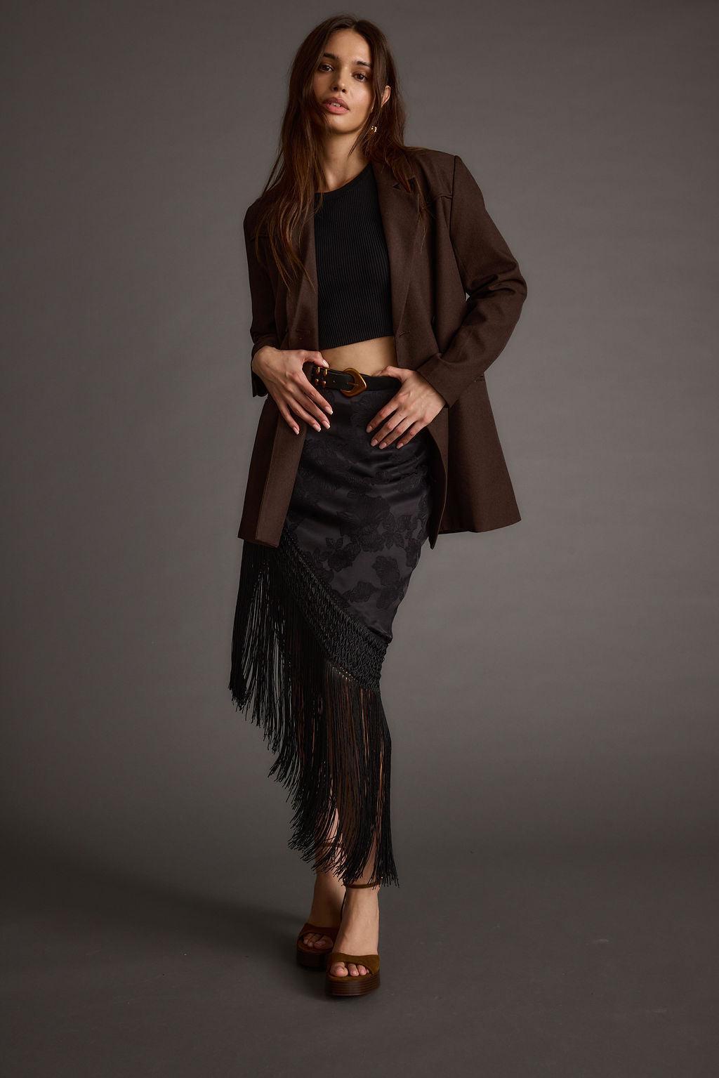 Frankie Black Satin Jacquard Fringe Midi Skirt Product Image