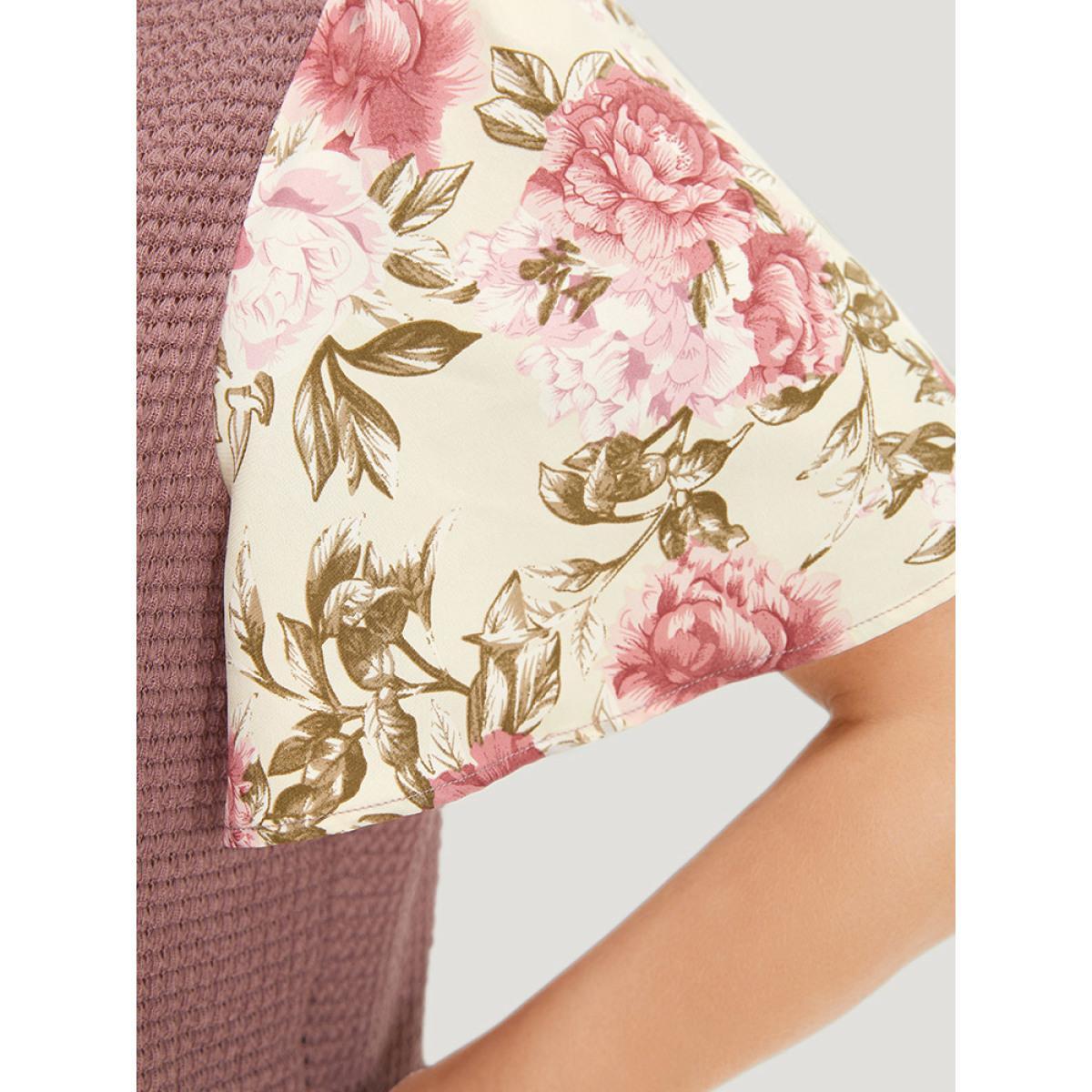 Plus Size Waffle Knit Pacthwork Flutter Sleeve T-shirt DustyPink Women Elegant Patchwork Floral V-neck Dailywear T-shirts BloomChic 18-20/2X Product Image