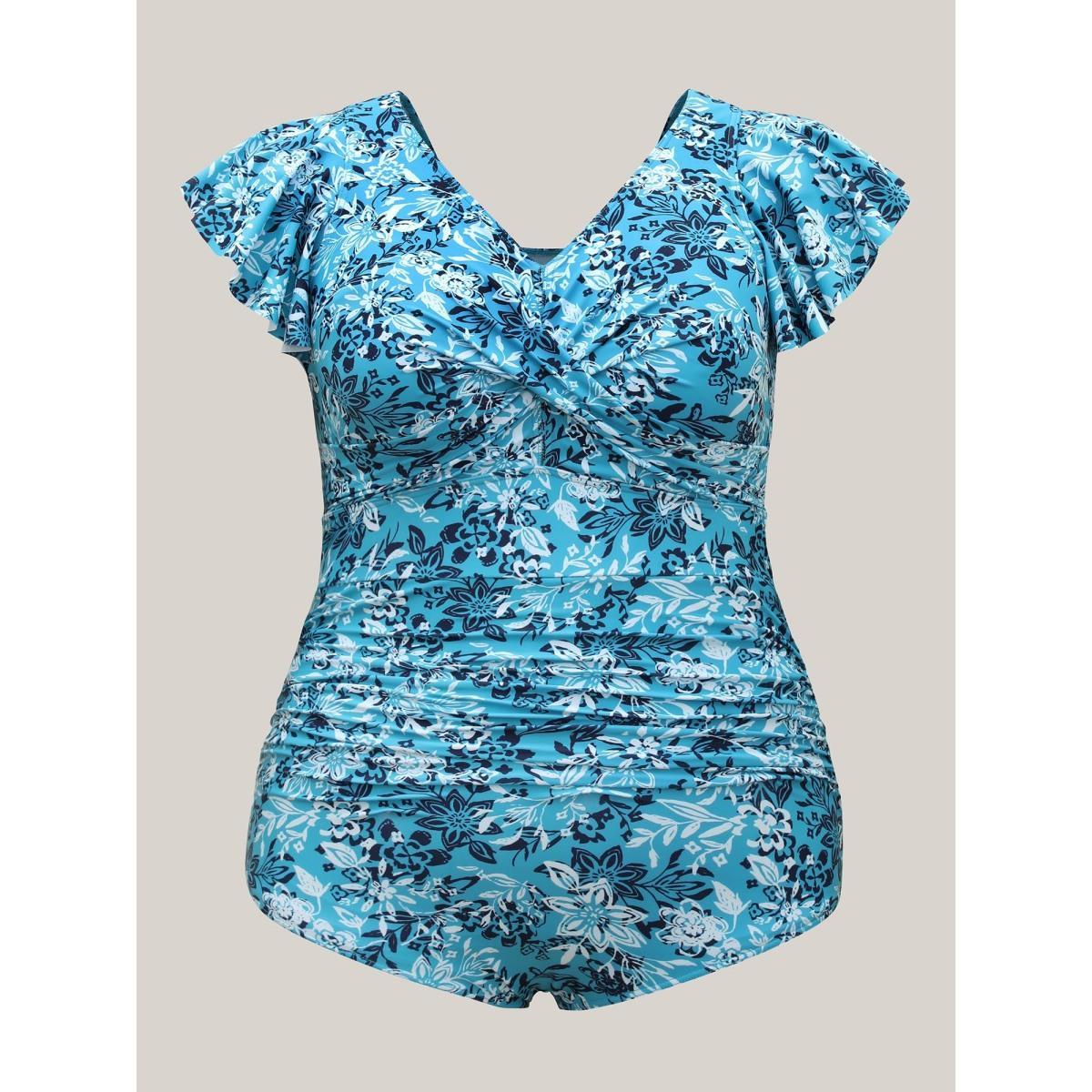 Plus Size Twist Front Flounce Sleeve Ruched One-Piece Swimsuit Women's Swimwear Turquoise Curve Bathing Suits One Pieces BloomChic 12/L Product Image