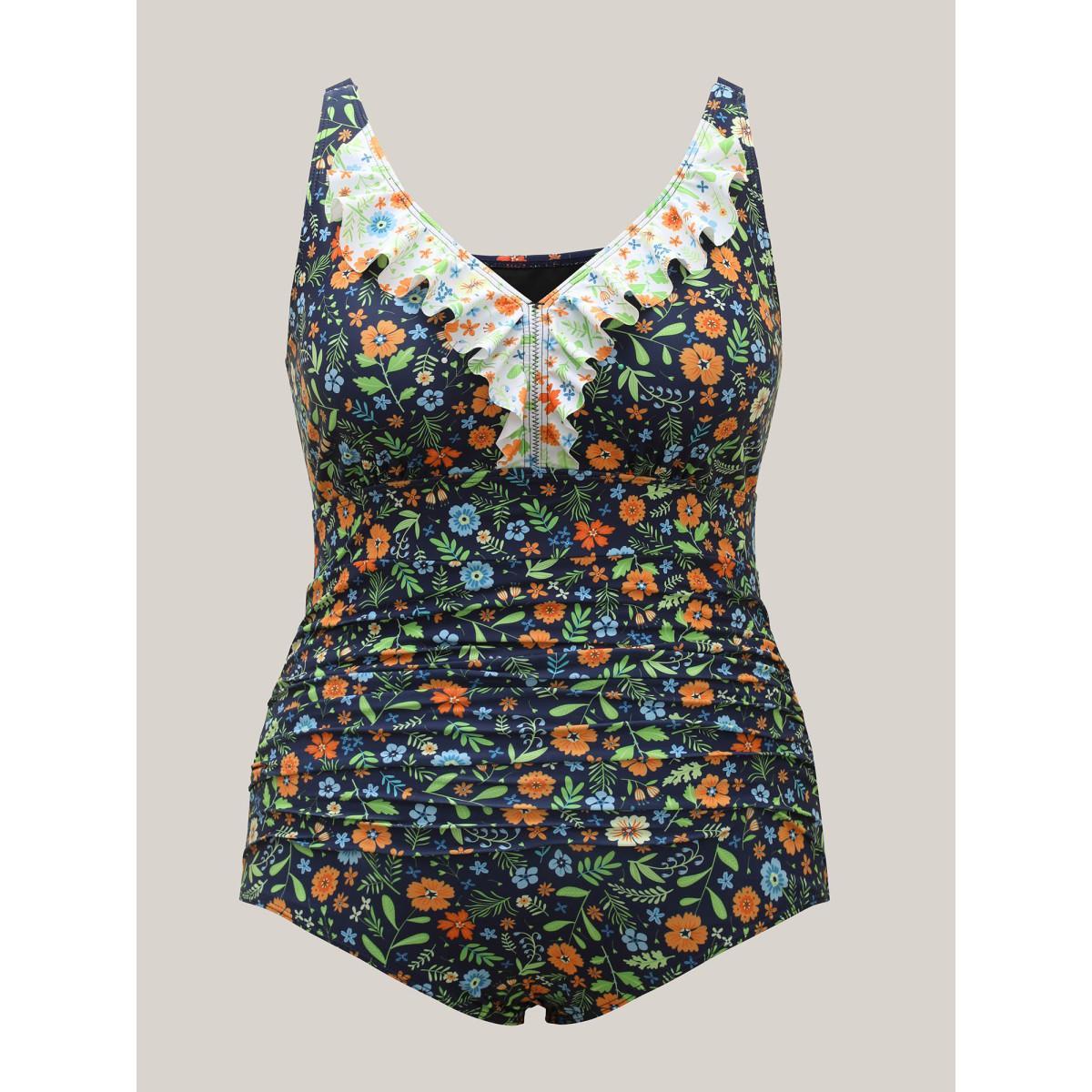 Plus Size Floral Print Ruffled Lace One-Piece Swimsuit Women's Swimwear Indigo Beach Ruffles Curve Bathing Suits High stretch One Pieces BloomChic 10/M Product Image