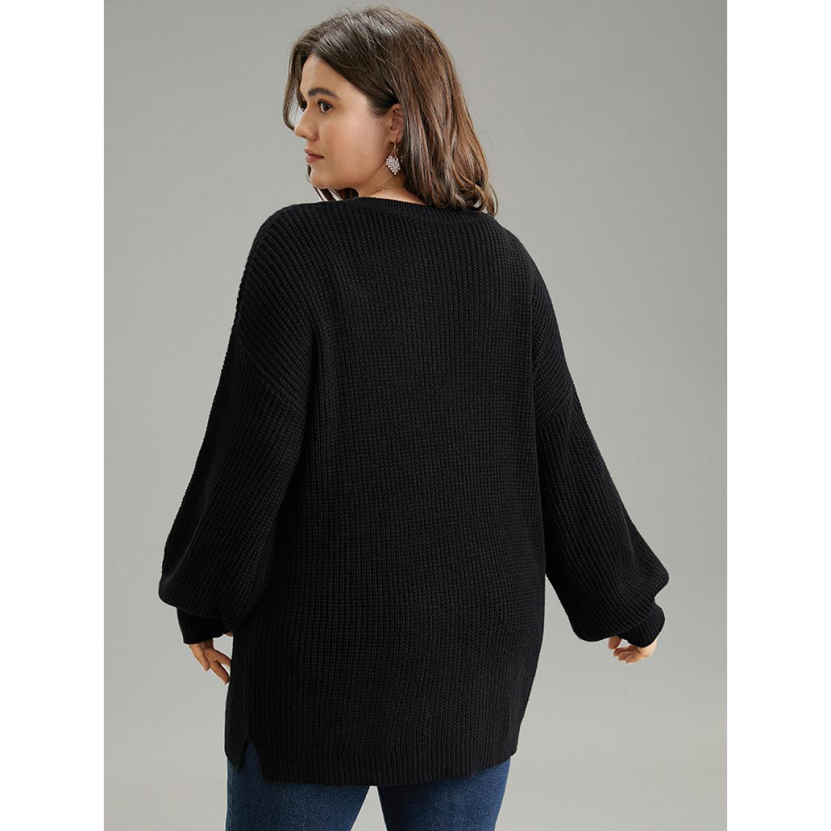 Plus Size Rhinestone V Neck Drop Shoulder Pullover Black Women Casual Loose Long Sleeve V-neck Dailywear Pullovers BloomChic 10/M Product Image