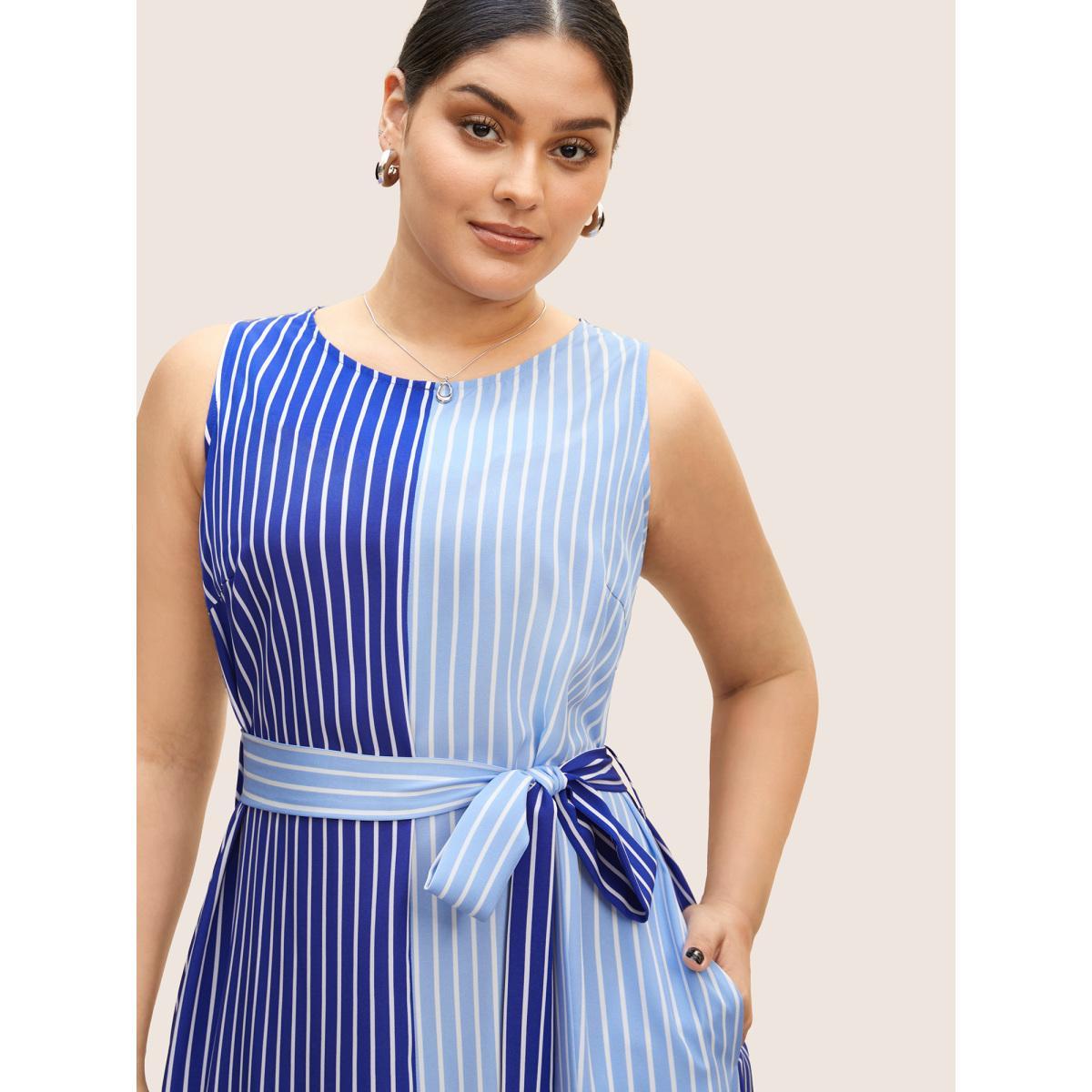 Plus Size Contrast Striped Sleeveless Belted Midi Dress Skyblue Women At the Office Belted Round Neck Sleeveless Curvy BloomChic 12/L Product Image