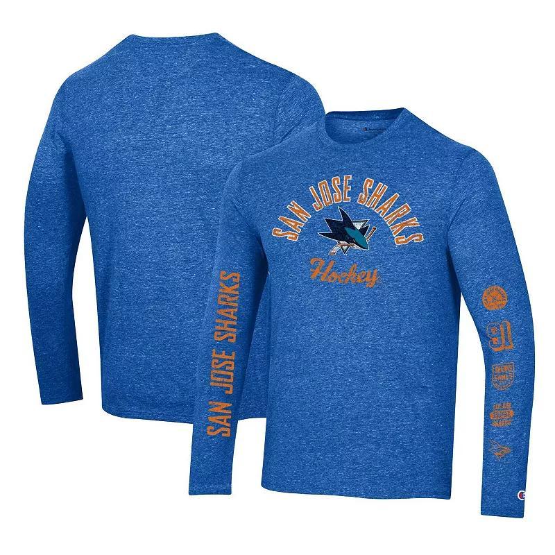 Men's Champion Heather Black San Jose Sharks Multi-Logo Tri-Blend Long Sleeve T-Shirt, Size: Small, Sks Blue Product Image