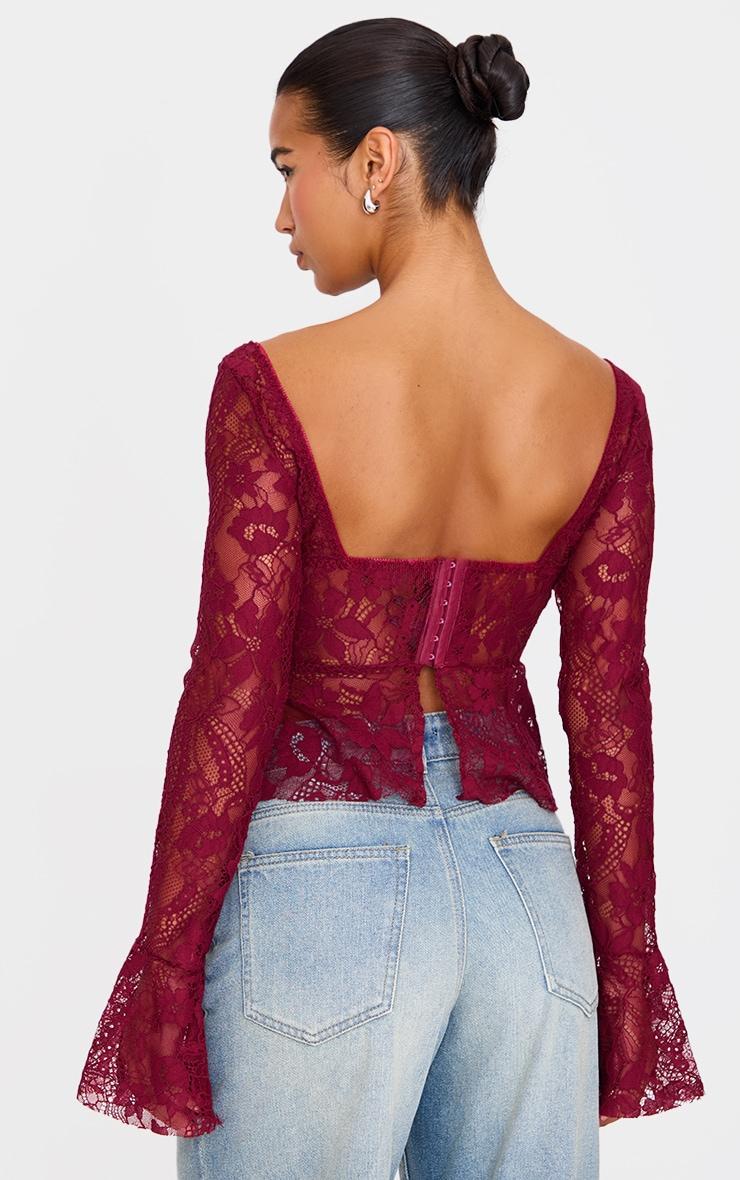 Burgundy Lace Boned Flared Long Sleeve Long Top Product Image