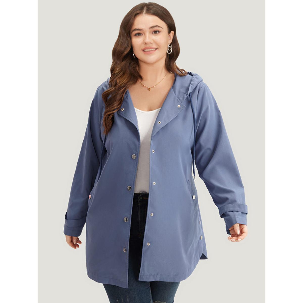 Plus Size Plain Button Detail Hooded Drawstring Coat Women DarkBlue Casual Plain Ladies Dailywear Winter Coats BloomChic 22-24/3X Product Image