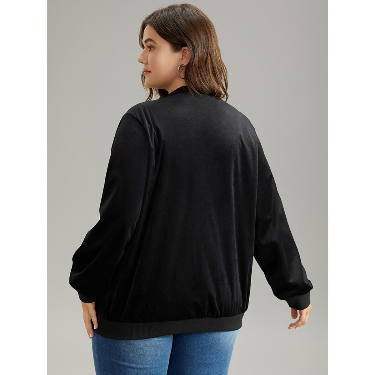 Plus Size Velvet Floral Embroidered Zipper Pocket Bomber Jacket Women Black Contrast Pocket Dailywear Jackets BloomChic 26/4X Product Image