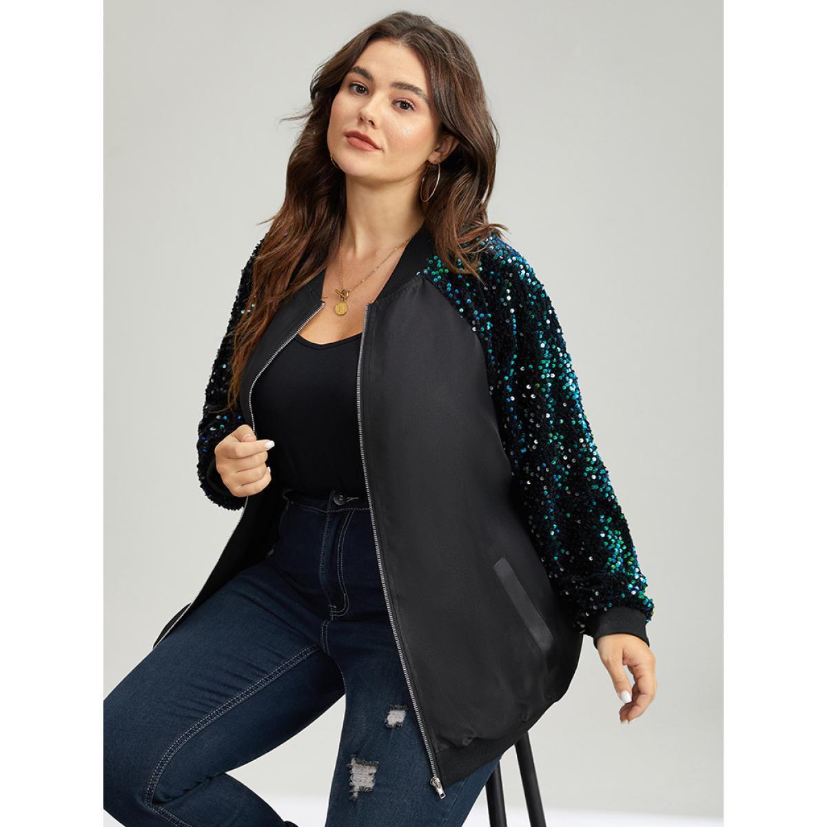 Plus Size Sequin Detail Patchwork Pocket Jacket Women Black Elastic cuffs Pocket Dailywear Jackets BloomChic 18-20/2X Product Image
