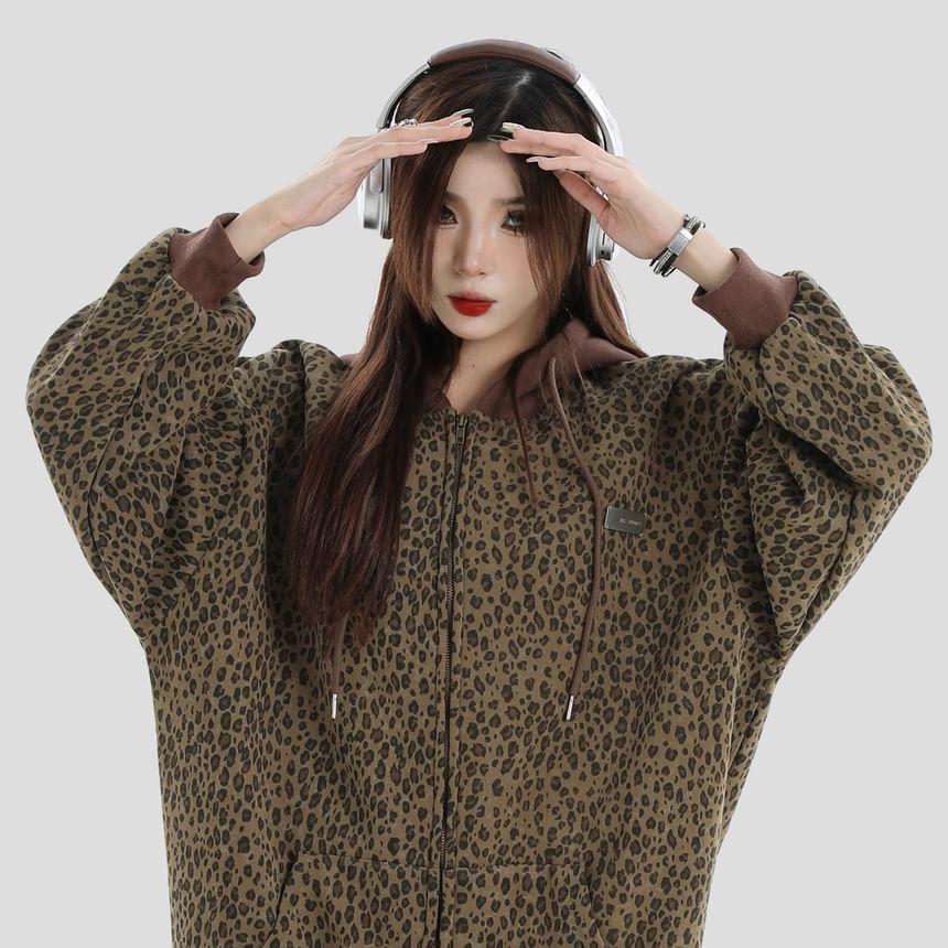 Leopard Print Zip-Up Hoodie Product Image