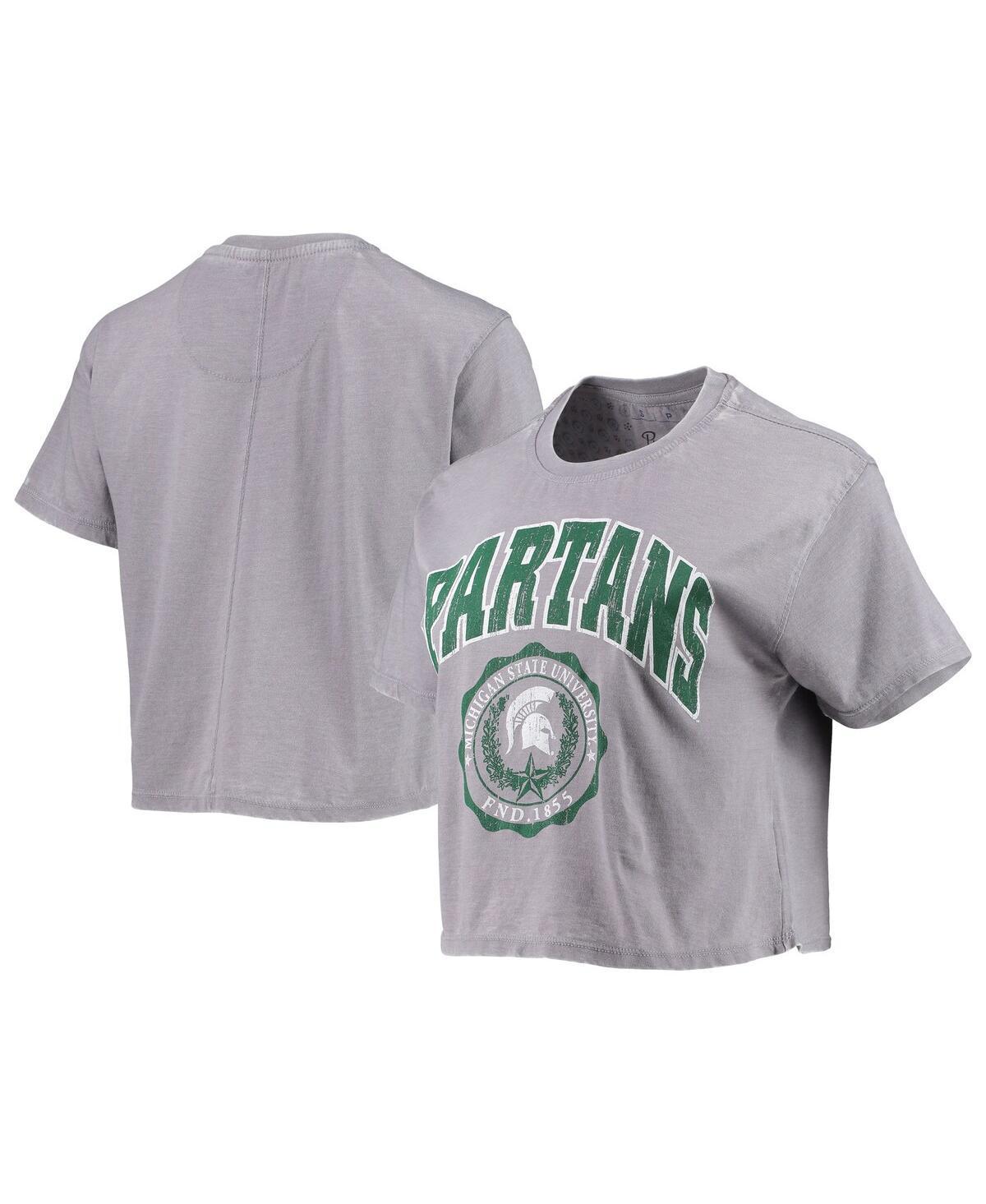 Women's Pressbox Heathered Gray Michigan State Spartans Edith Vintage Burnout Crop T-Shirt, Size: XL, Grey Product Image