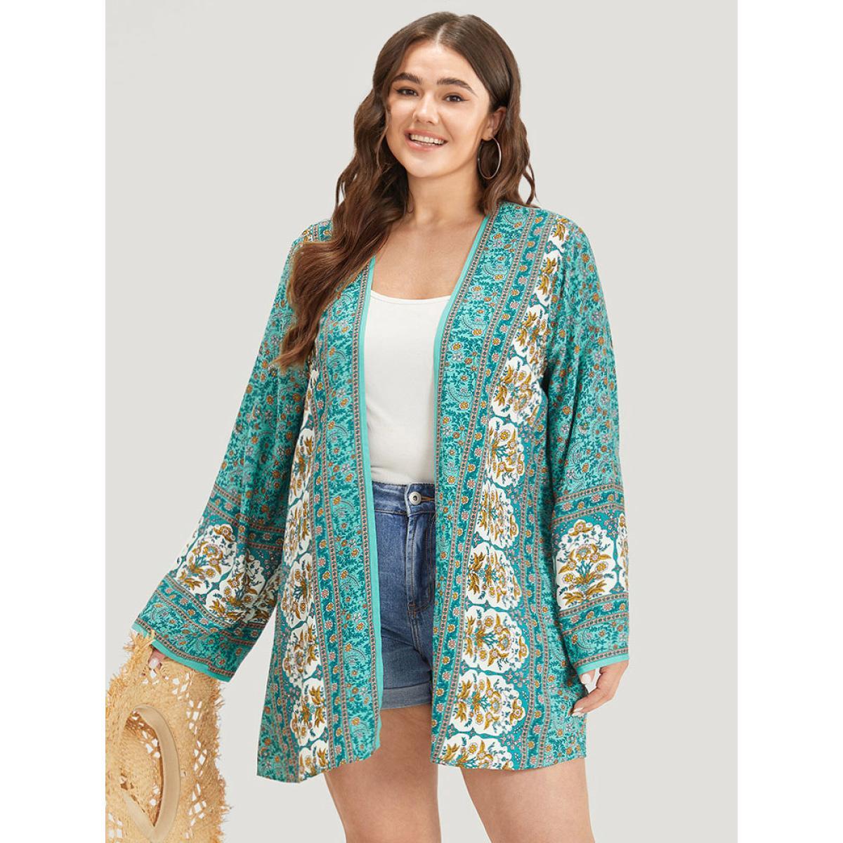 Plus Size Boho Print Flutter Sleeve Open Front Kimono Women Turquoise Casual Printed Loose Dailywear Kimonos BloomChic 22-24/3X Product Image