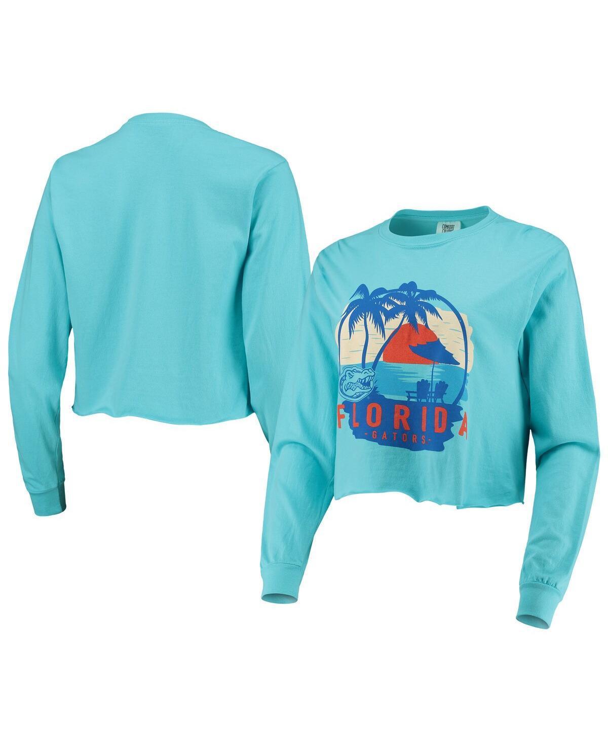 Women's Teal Florida Gators Palm Trees Sunset Long Sleeve Crop Top, Size: Large, Blue Product Image
