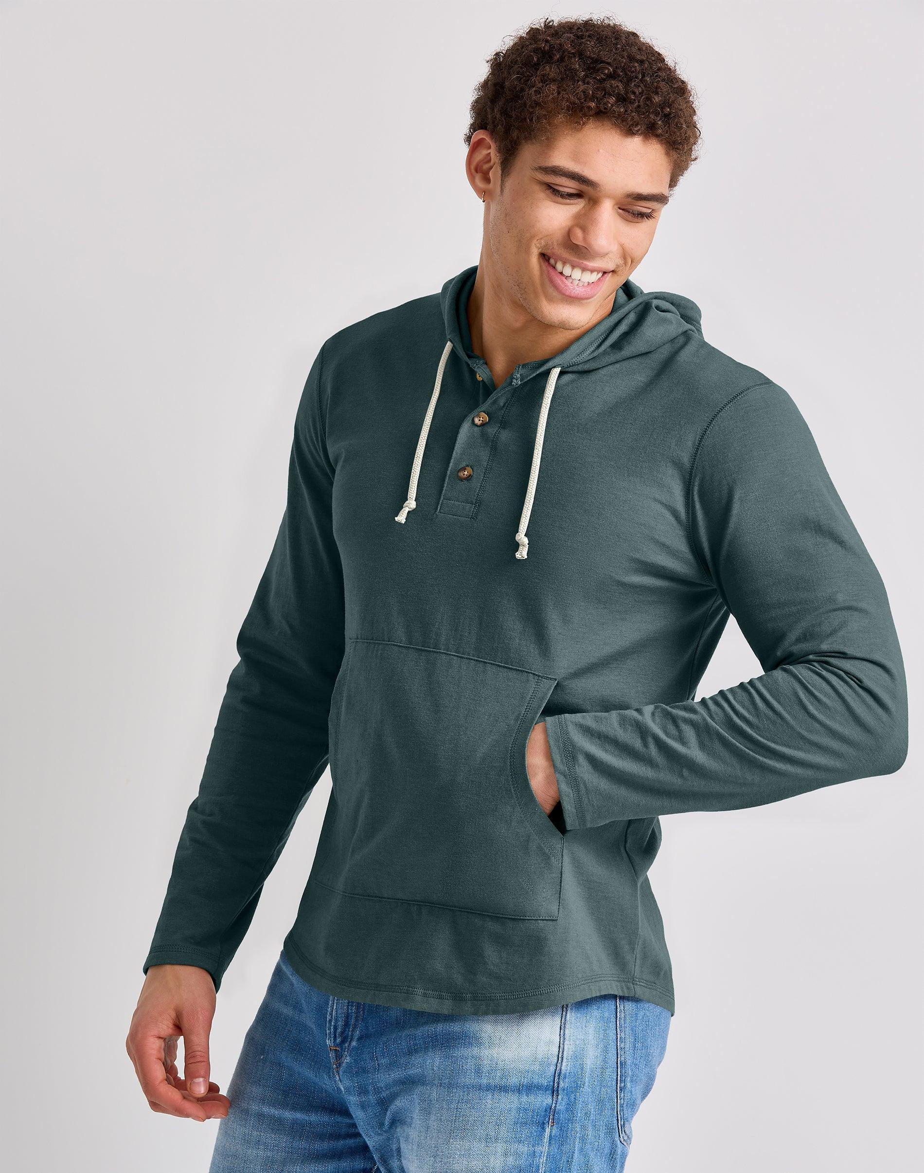 Men's Hanes® Originals Cotton Henley Hoodie, Size: Small, Red River Clay Product Image
