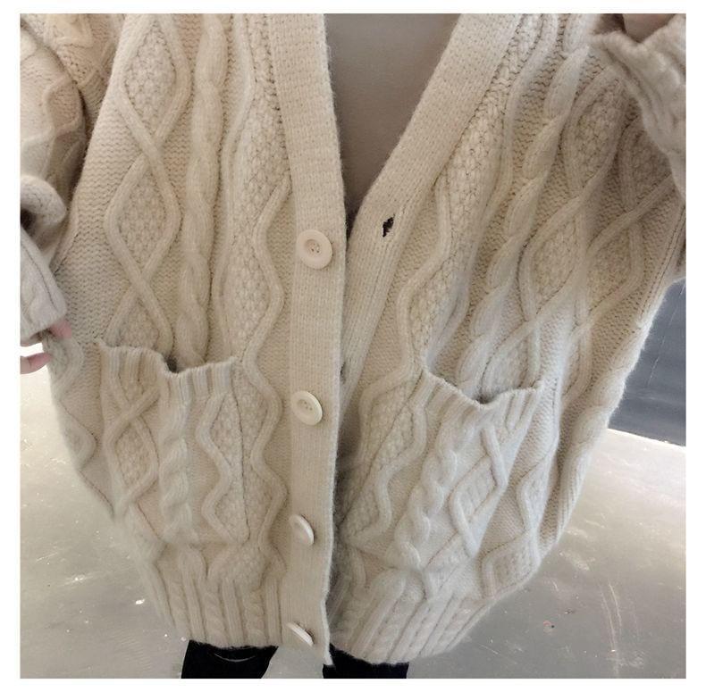 V-Neck Plain Cable Knit Button-Up Oversized Cardigan Product Image