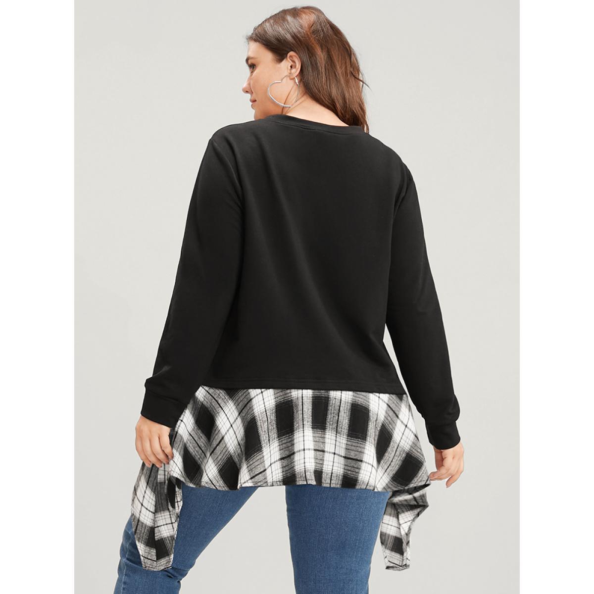 Plus Size Tartan Patchwork Round Neck Asymmetrical Hem Sweatshirt Women Black Elegant Patchwork Round Neck Dailywear Sweatshirts BloomChic 22-24/3X Product Image