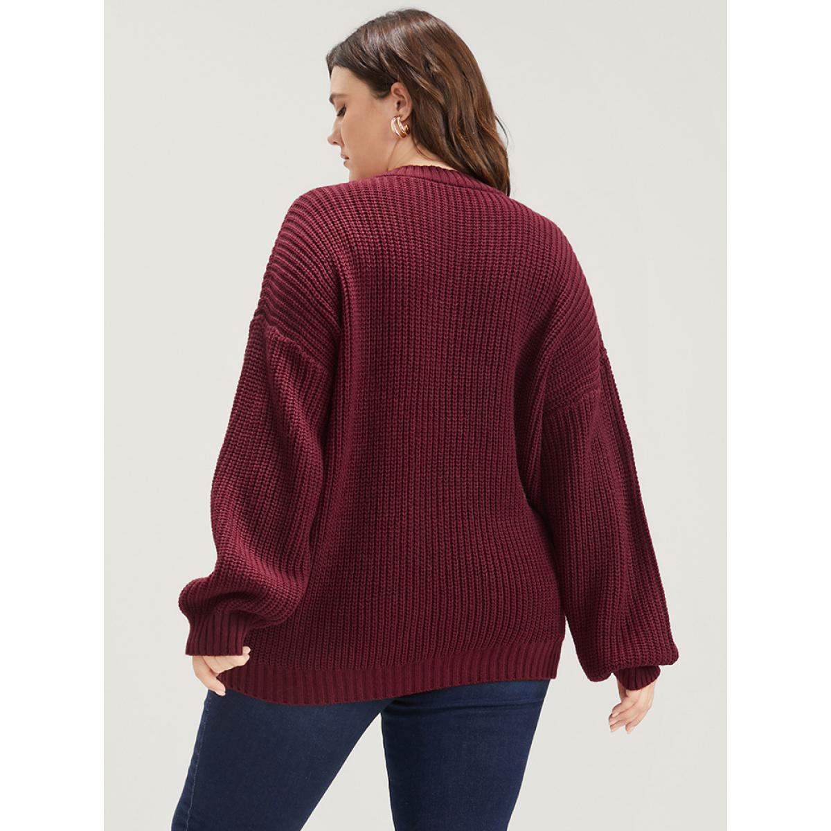 Plus Size Solid Pointelle Knit V Neck Loose Geometric Cable Knit Top Rust Women Elegant Loose Long Sleeve Dailywear Pullovers BloomChic 12/L Product Image