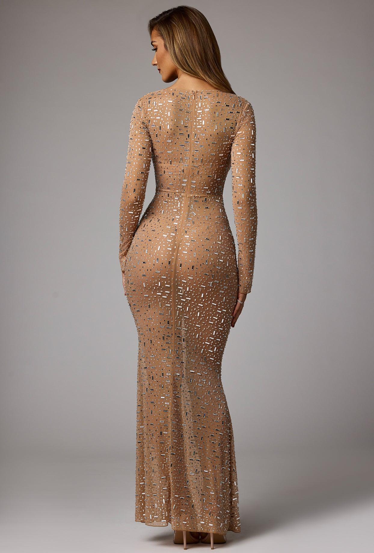 Sheer Embellished Long Sleeve Evening Gown in Almond Product Image