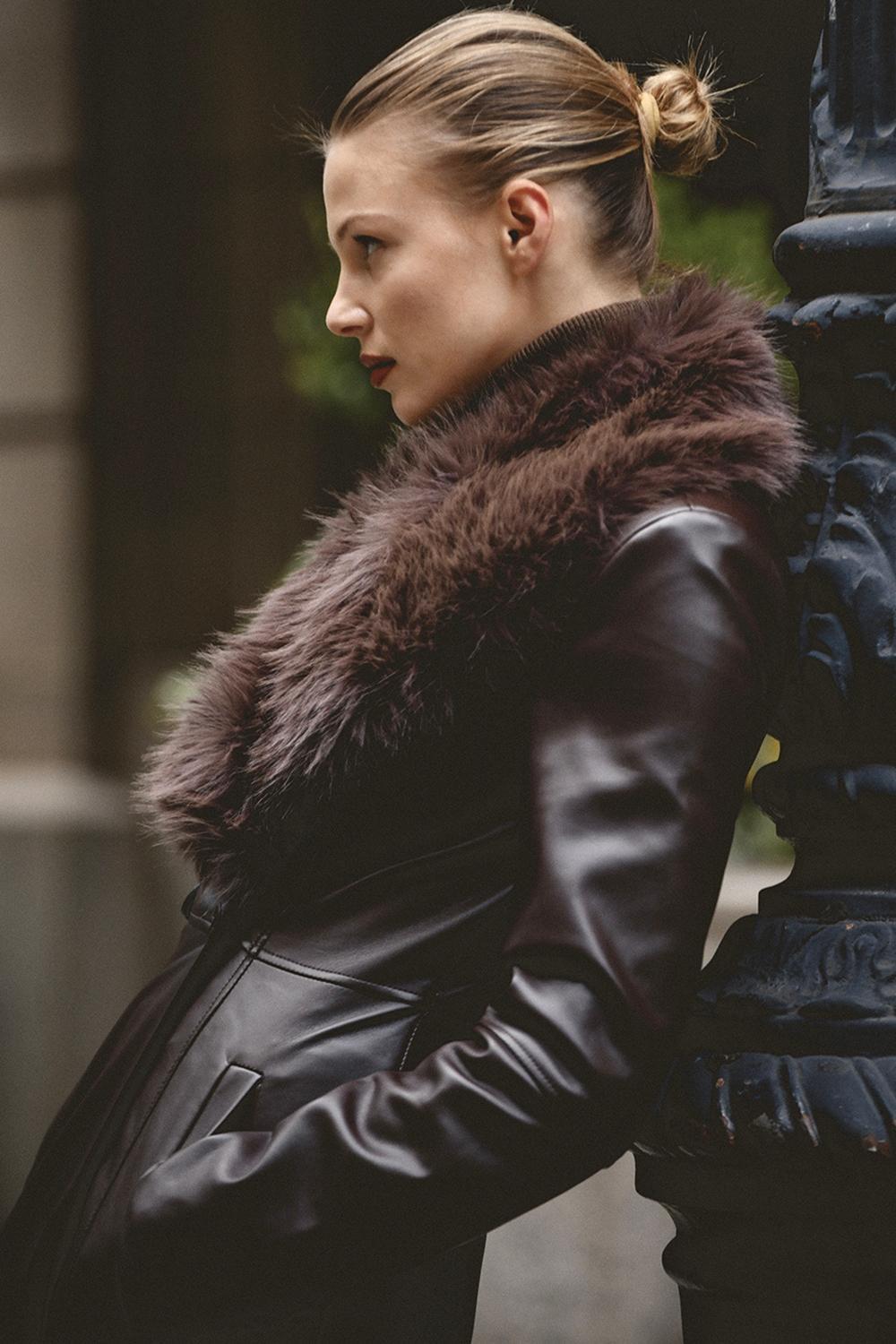 Marcel Brown Faux Fur Trimmed Vegan Leather Coat Product Image