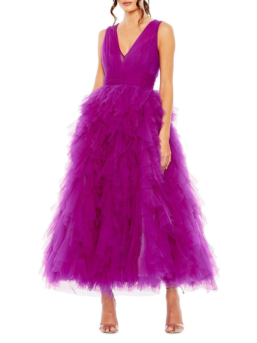 Womens V-Neck Ruffle Tulle Cocktail Dress Product Image